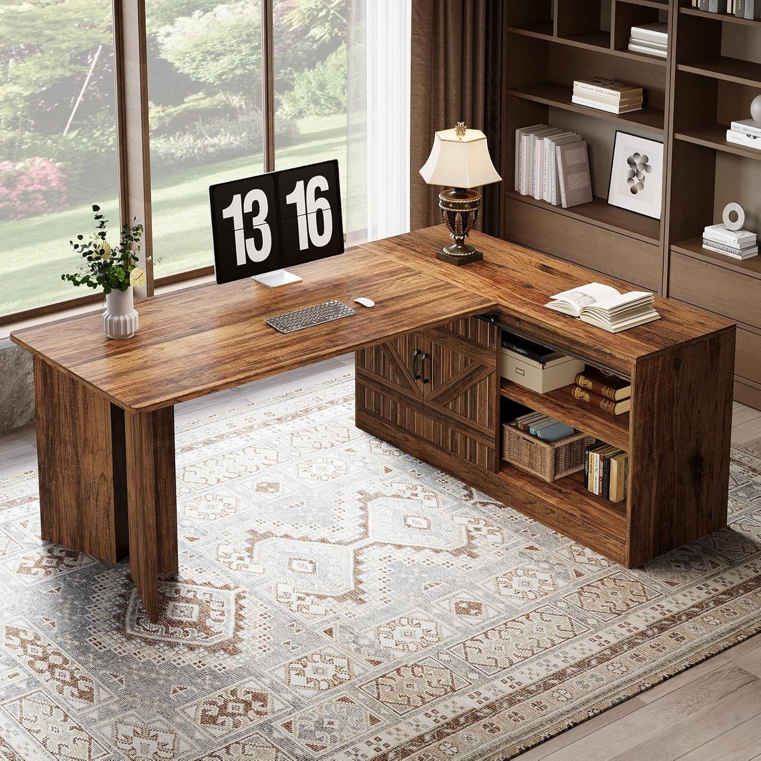 L Shaped Executive Desk with Storage Cabinet for Home Office