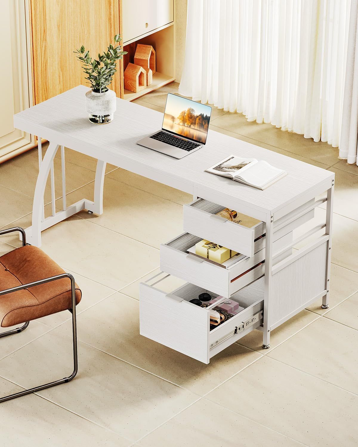 Modern 59 Inch White Computer Desk with Storage Drawers