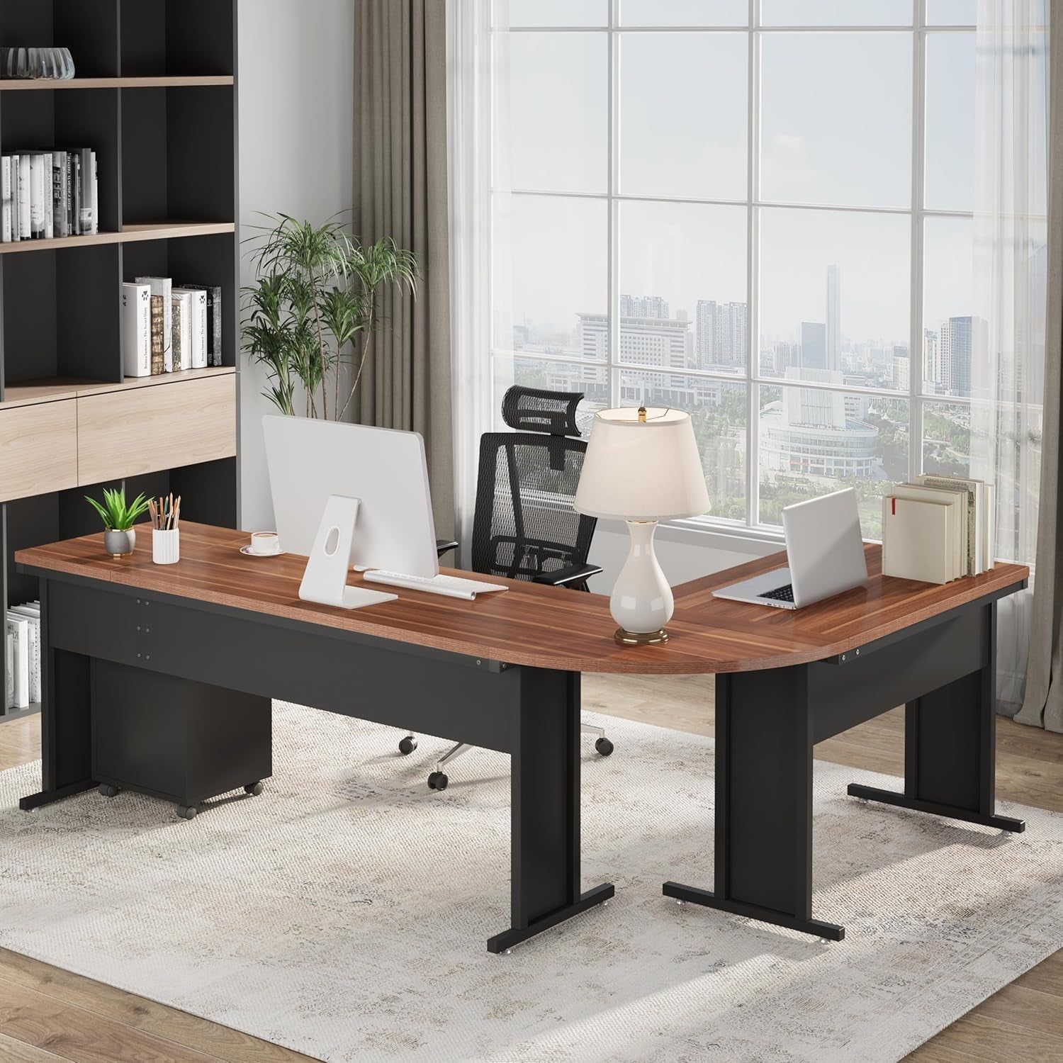 Large L-Shaped Executive Desk with File Cabinet Storage