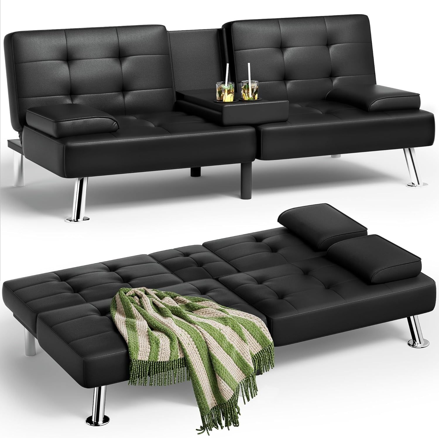 Stylish Leather Futon Sofa Bed with Adjustable Armrests