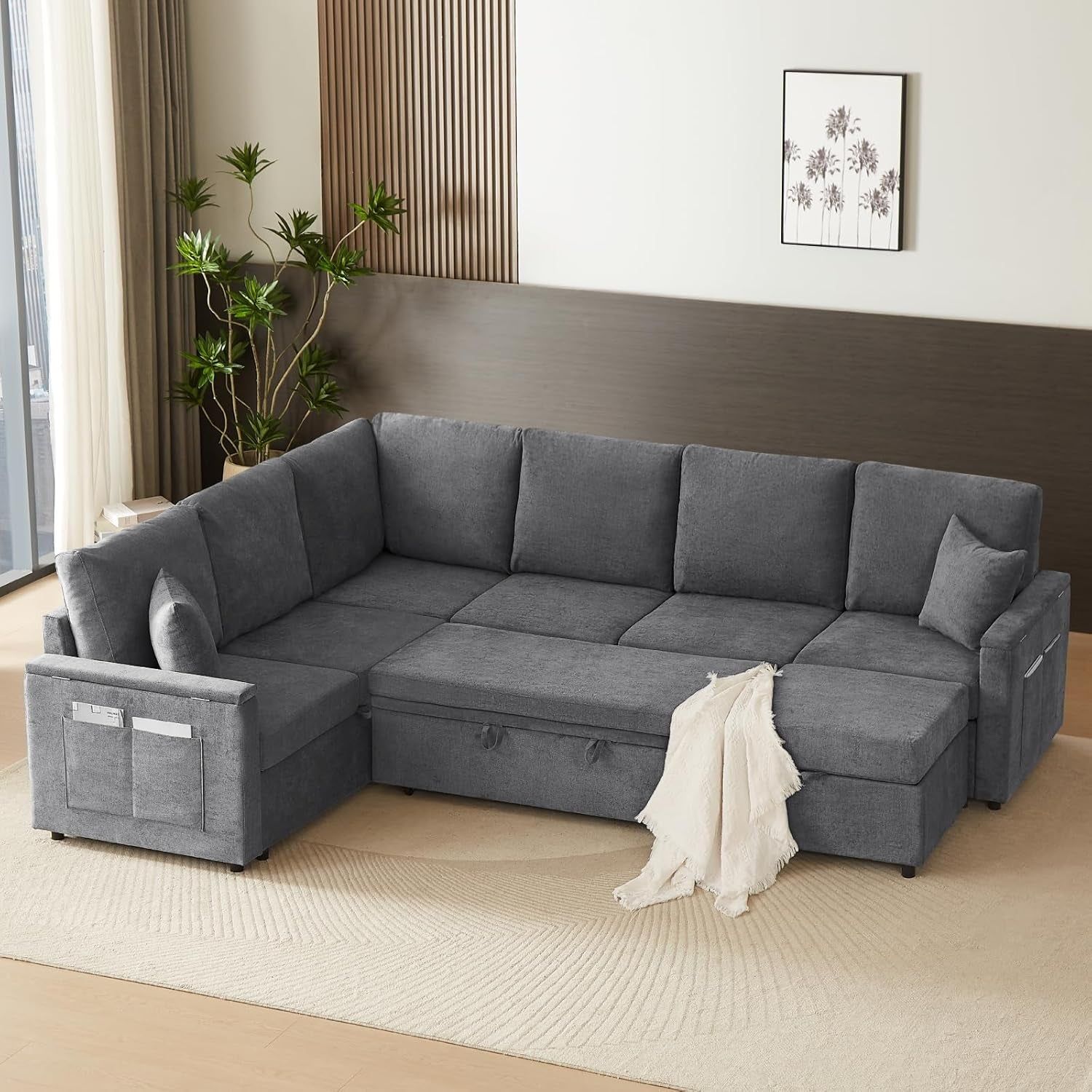 Comfy U Shaped Sleeper Sofa with Eight Storage Spaces