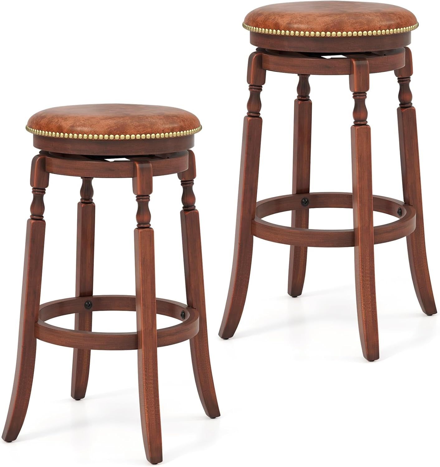 29.5&quot; Swivel Bar Stools Set of 2, Farmhouse Bar Height Stools with Upholstered Seat &amp; Rubber Wood Frame, round Backless Kitchen Stools, Barstools for Kitchen Island/Breakfast Bar, Walnut