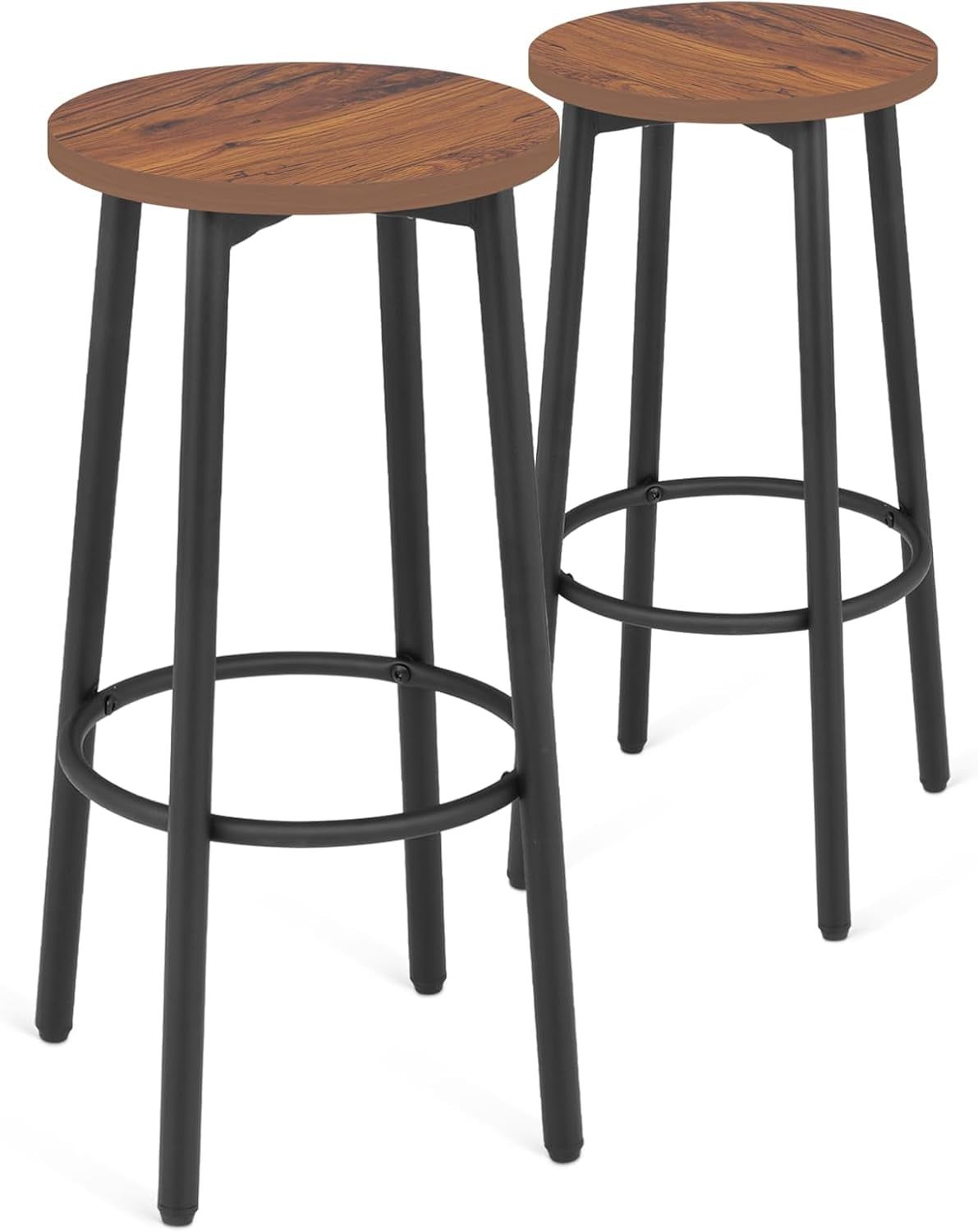 Bar Stools Set of 2, 25.5 Inches round Counter Height Bar Stools Backless with Metal Legs and Footrest, Wood Barstools for Home, Kitchen Island, Counter, Brown
