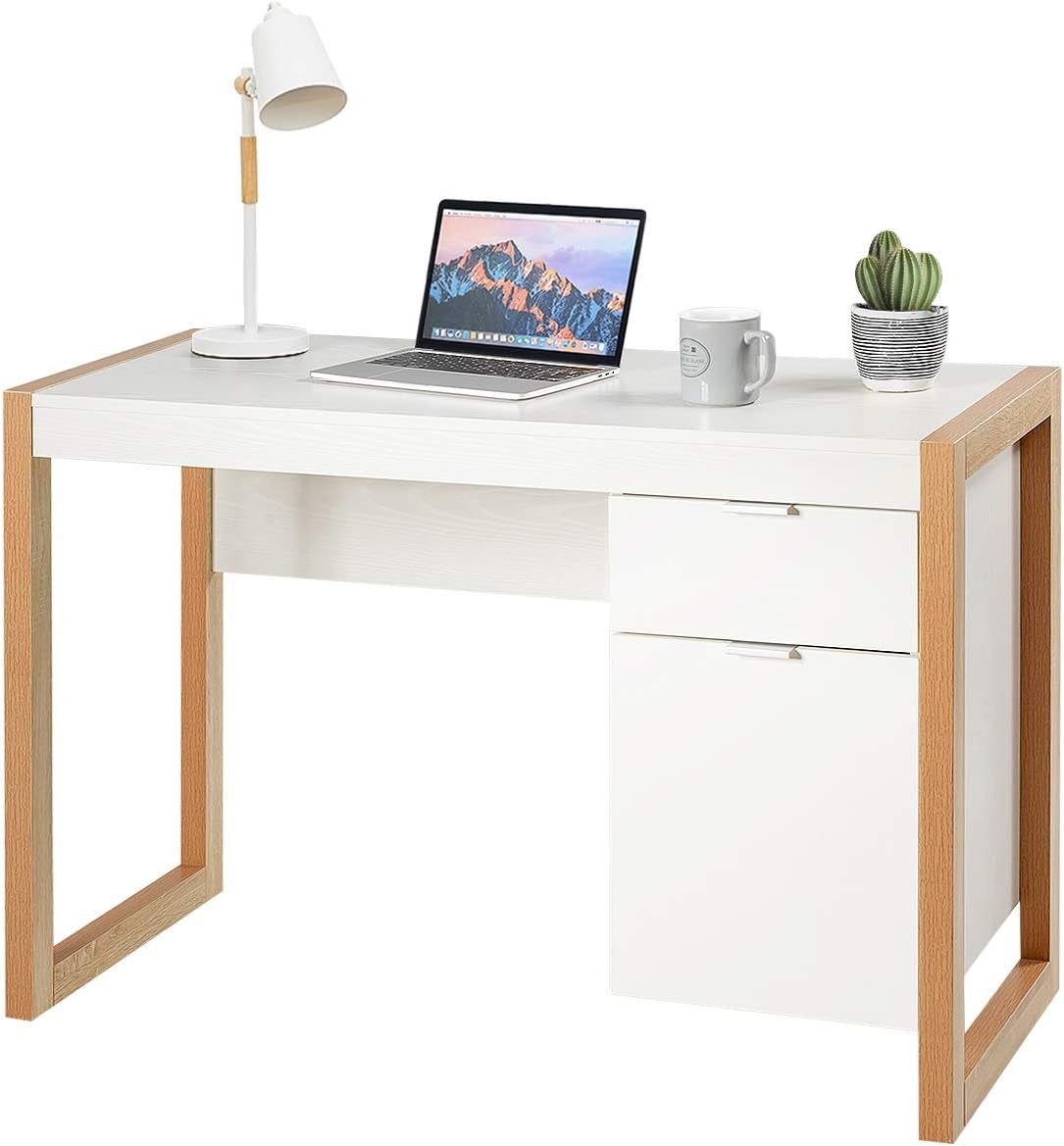 Wooden Home Office Desk with Drawer &amp; Cabinet, PC Laptop Workstation Study Writing Desk, Ideal for Bedroom Home Office (White &amp; Natural)