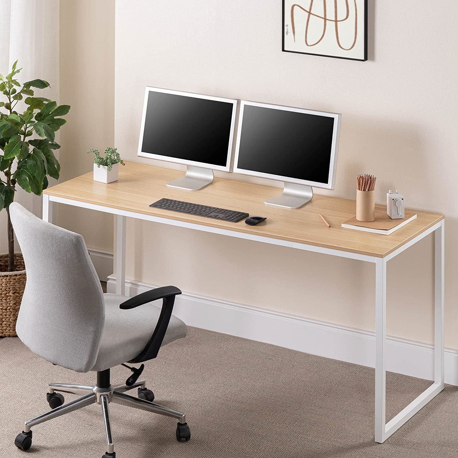 Jennifer 63 Inch White Frame Desk, Computer Workstation, Office Desk, Easy Assembly, Natural
