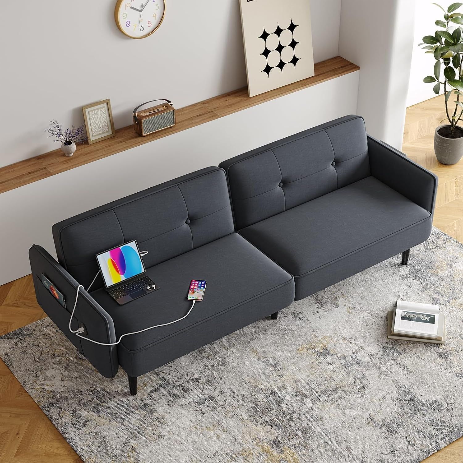 Convertible Futon Sofa Bed with Adjustable Backrest and Storage