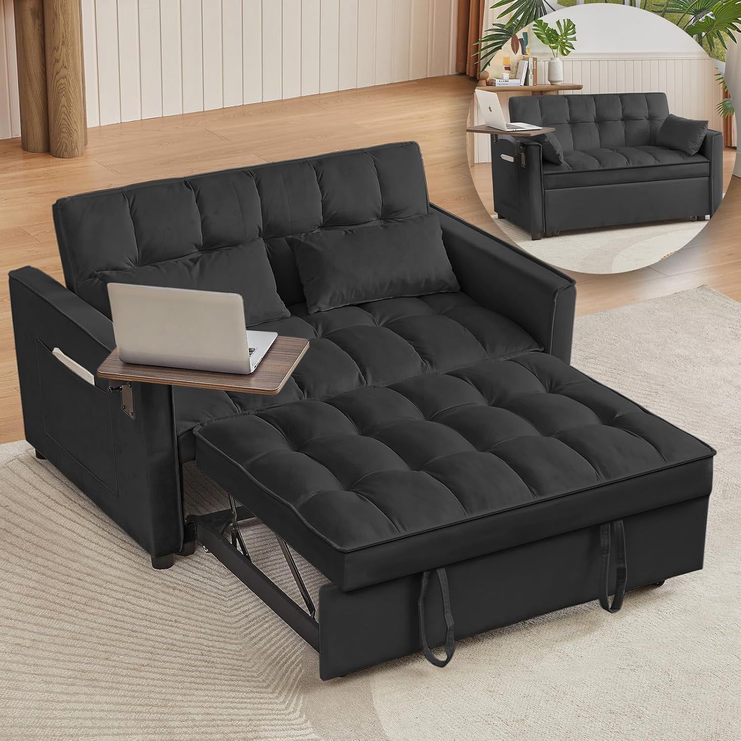 Convertible Sofa Bed with Adjustable Backrest and Pocket