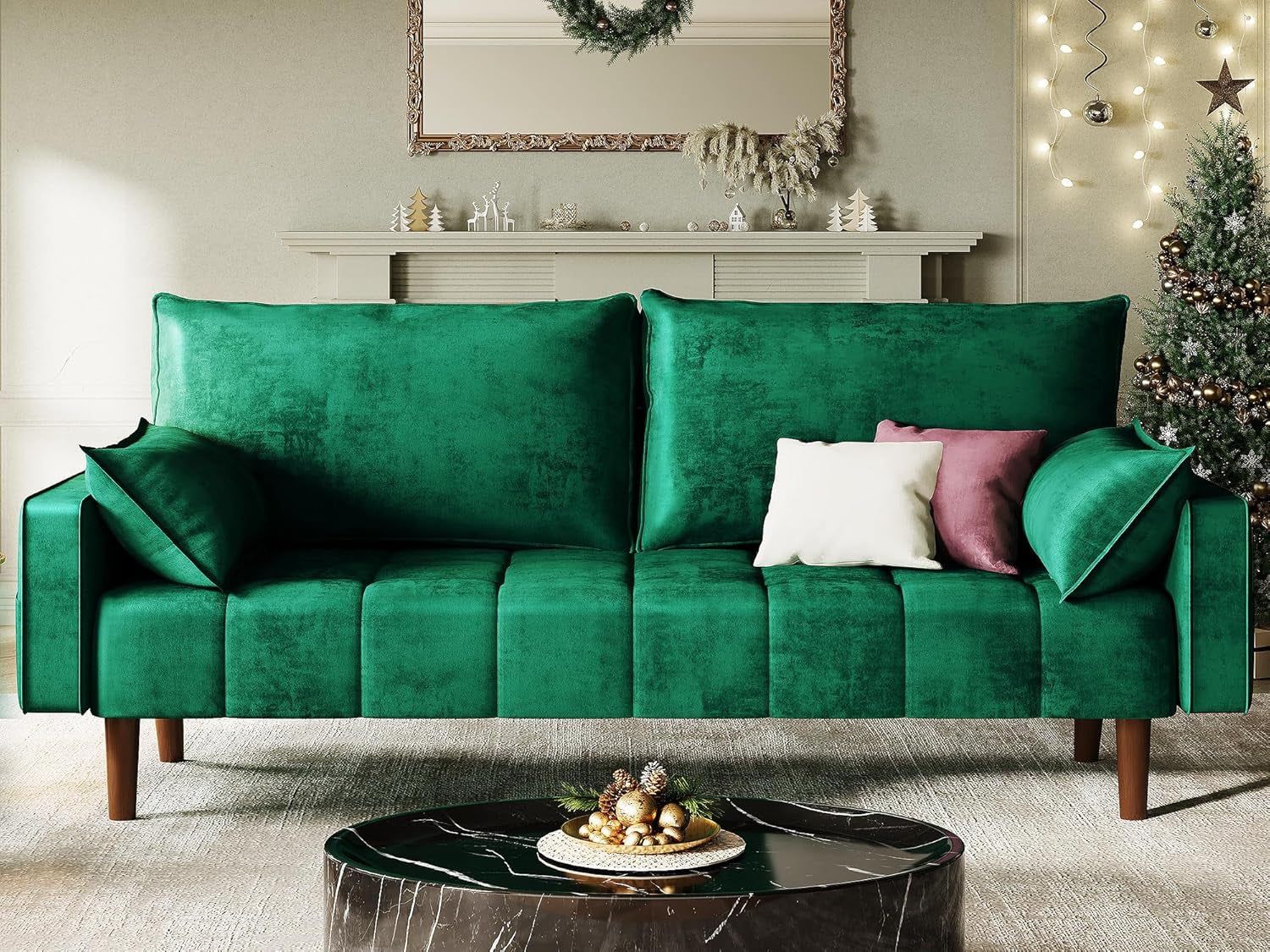 Modern Velvet Loveseat Sofa with Storage and Pillows