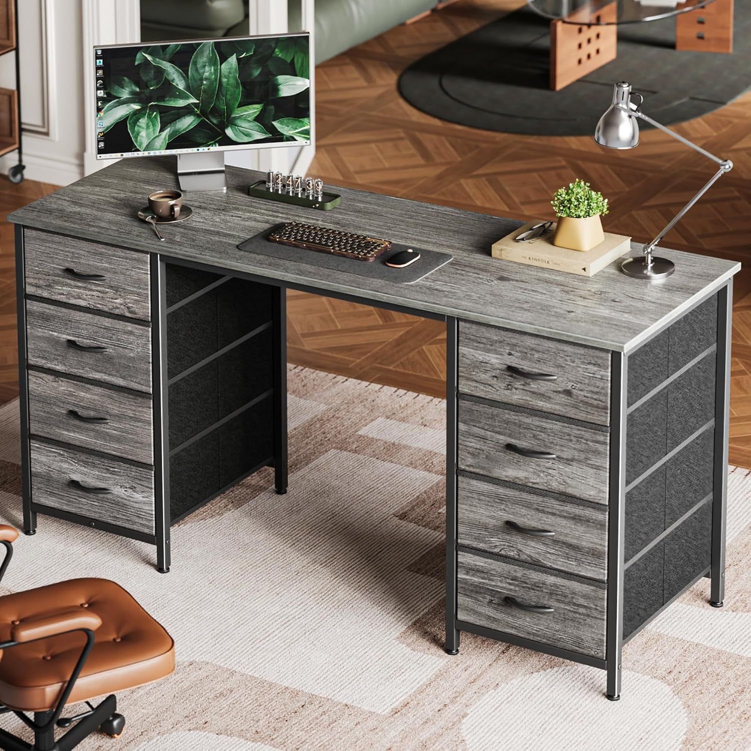 54 Inch Computer Desk with 8 Fabric Drawers, Office Desk for Home Office, Study, Gaming Desk with Drawers, Large Storage, Grey