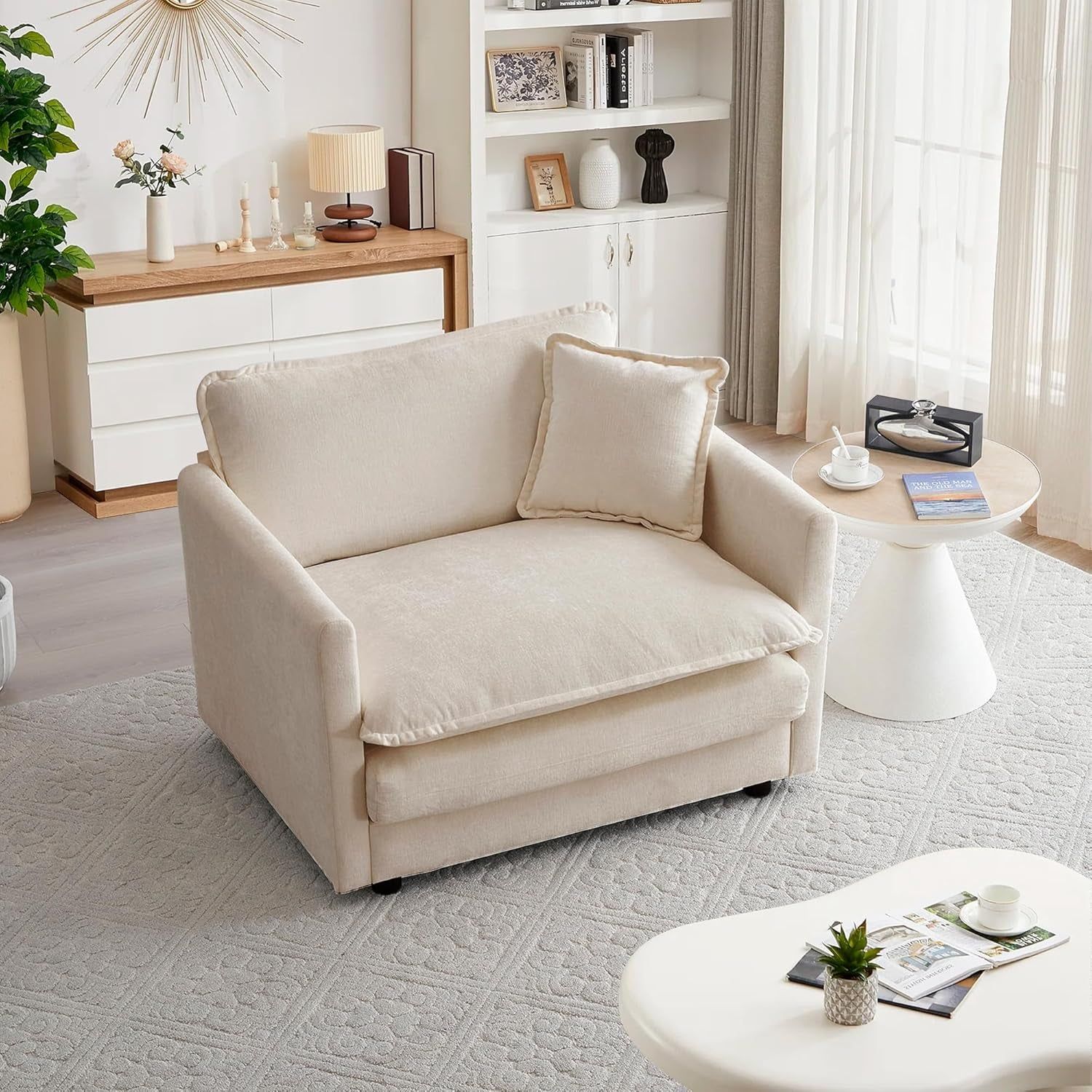 Comfy Chenille Sofa Chair with Toss Pillow Light Coffee