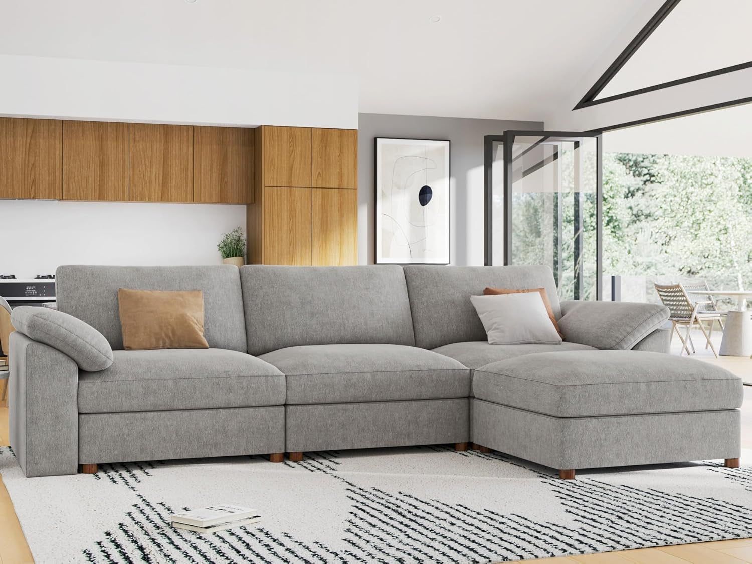 Oversized Deep Seat L Shape Sectional Sofa with Ottoman