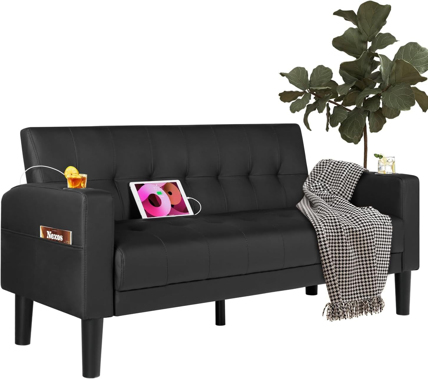Mid-Century Modern Loveseat with USB Ports and Cup Holders