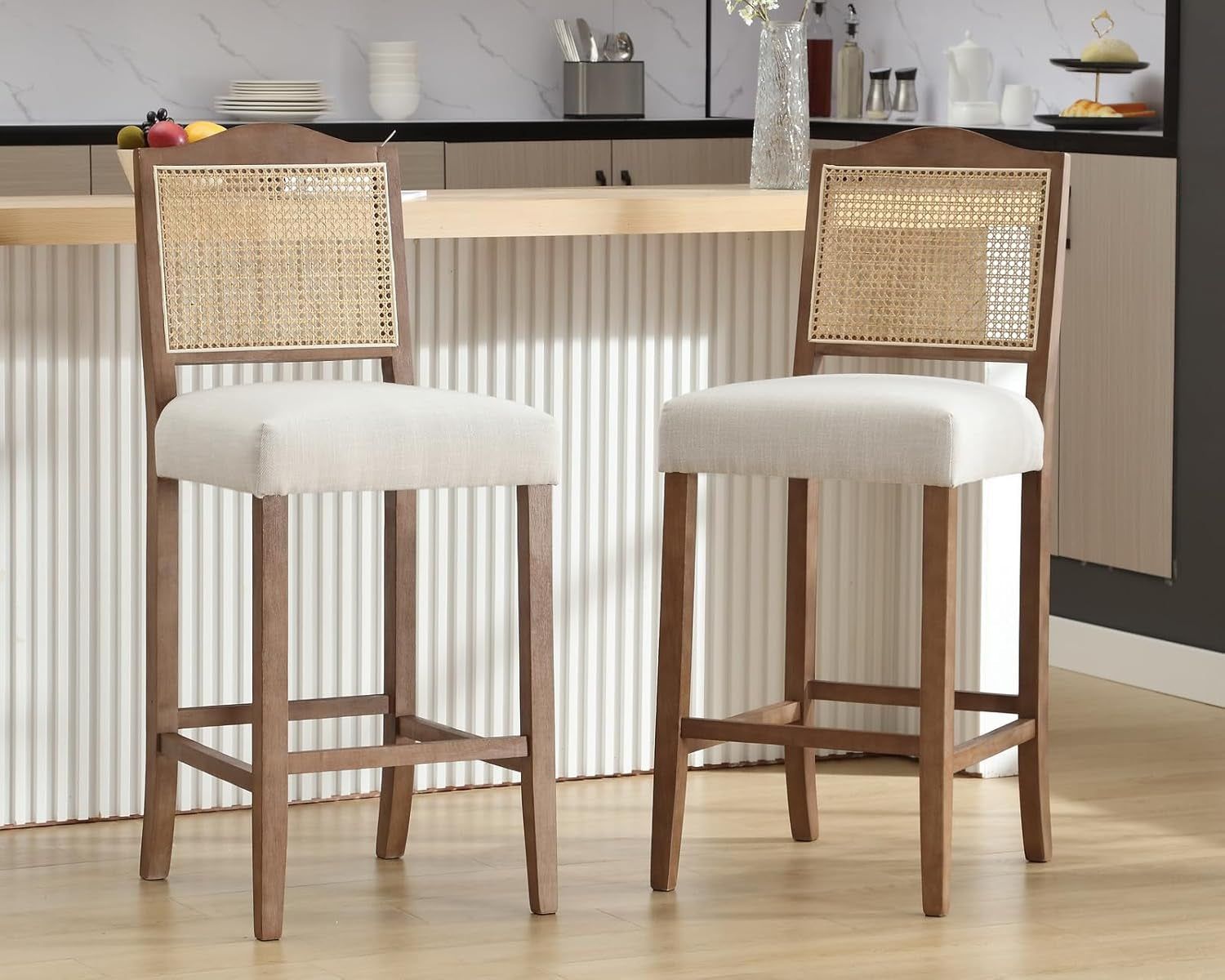 30 Inch Counter Height Stools Set of 2 Rattan Farmhouse Barstools Mid Century Modern Bar Chairs Upholstered Kitchen Bar Stools with Wood Legs for Island/Dining Room, Linen Beige