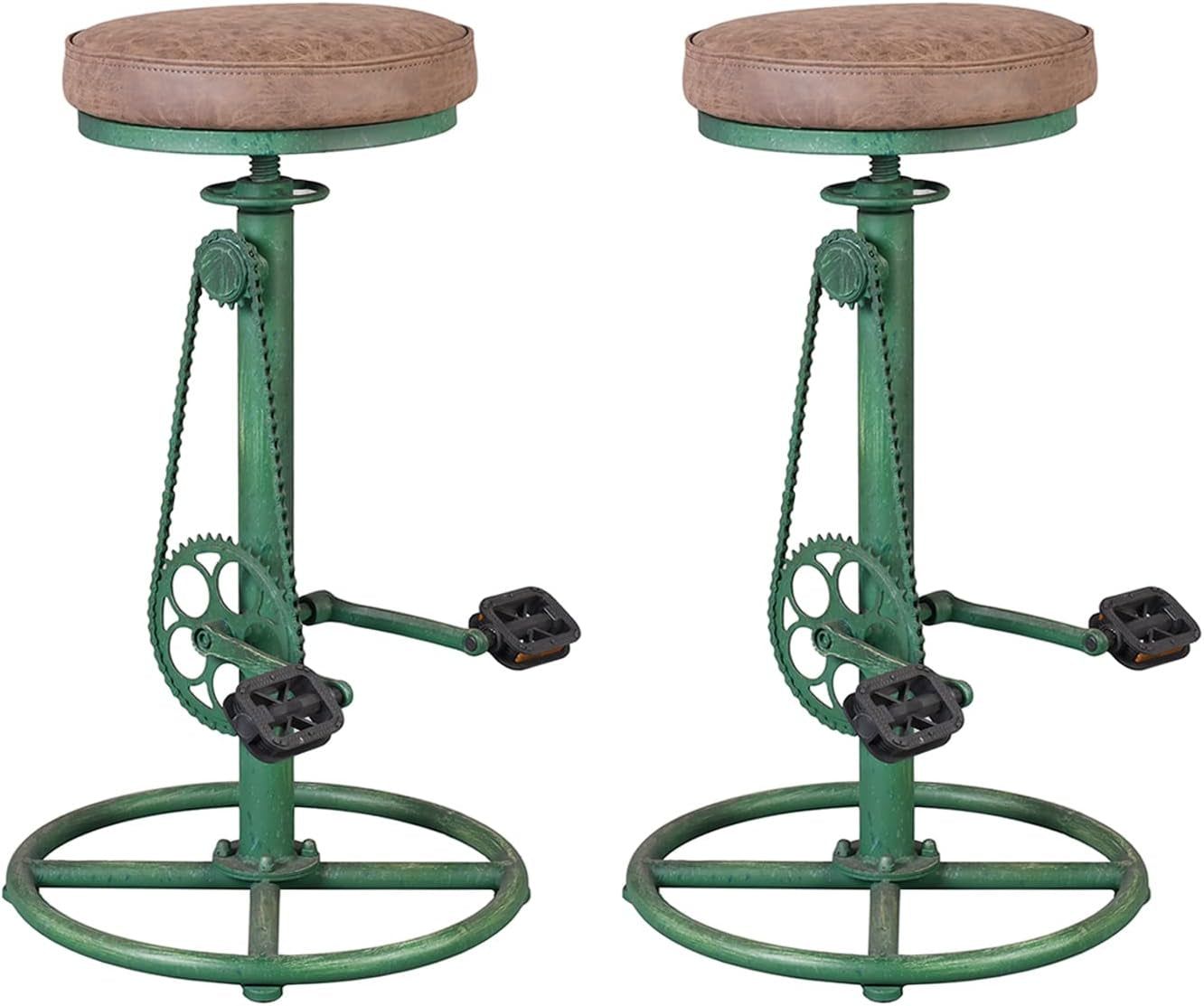 Vintage DIY Bar Stool Bicycle Chain Iron Pedal Retro Industrial Height Adjustable Bicycle Wheel Design Bar Chair Set of 2 Antique Green