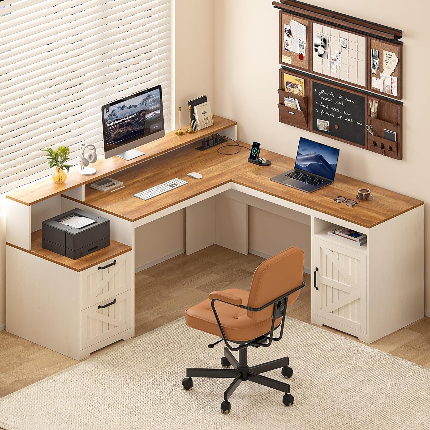 63&quot; Farmhouse L Shaped Executive Desk with Drawers &amp; Storage Shelf, Corner Computer Desk with Power Outlets, L Shaped Office Desk with Monitor Stand, Printer Shelf, Antique White