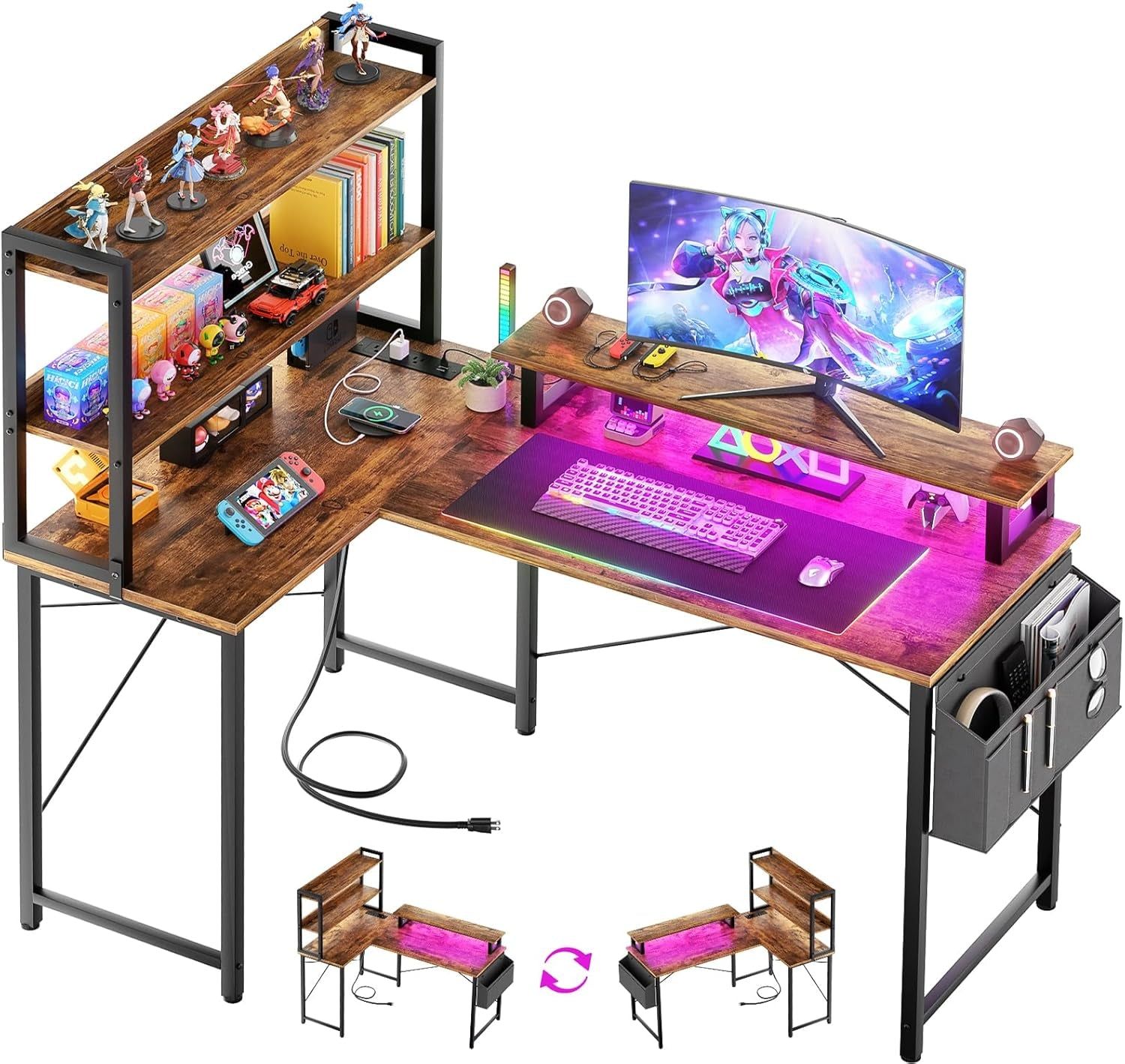 L Shaped Corner Desk with Bookshelf and Charging Station
