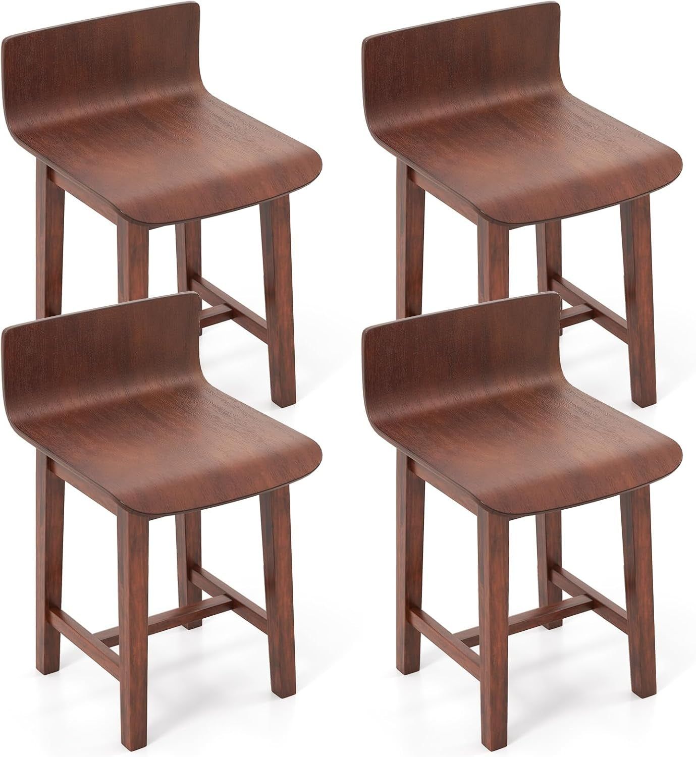 Swivel Solid Wood Dining Stools Set of 4, 19-Inch Counter Height Chairs with Low Back, Footrest, Farmhouse Wooden Armless Barstools for Kitchen Island, Dining Room, Cafe, Breakfast, Walnut