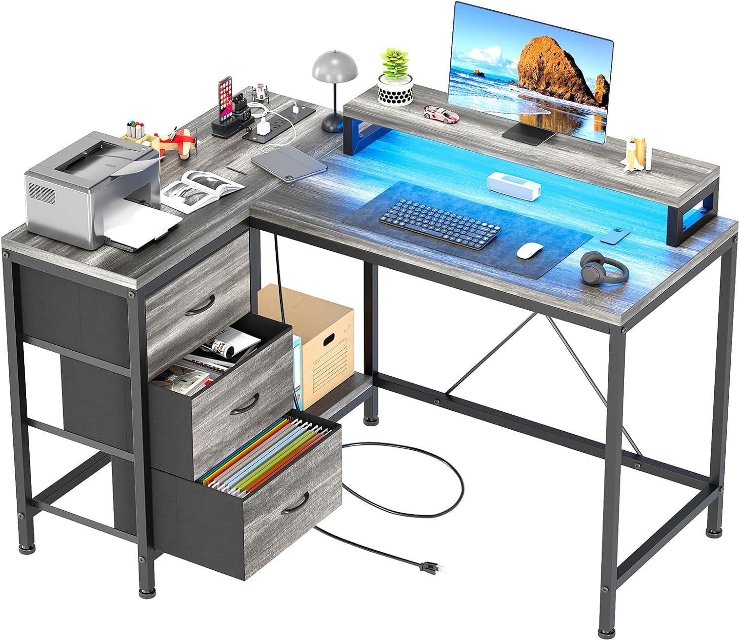 Reversible L Shaped Desk with LED Lights and Outlets