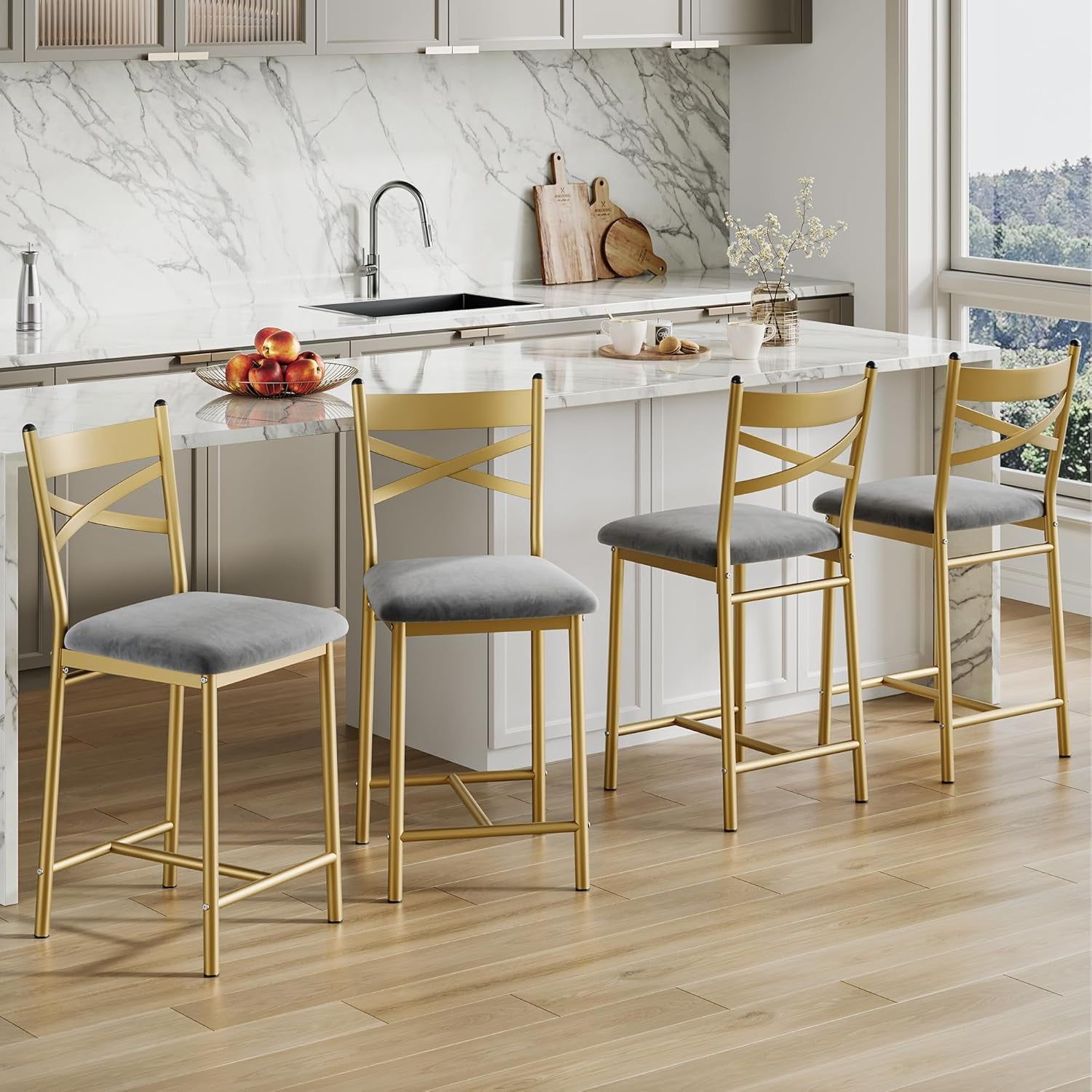 Bar Stools Set of 4, Upholstered Bar Chairs with Back, Thick Cushion, Counter Height Barstools for Kitchen Island Apartment Counter Bar (4)
