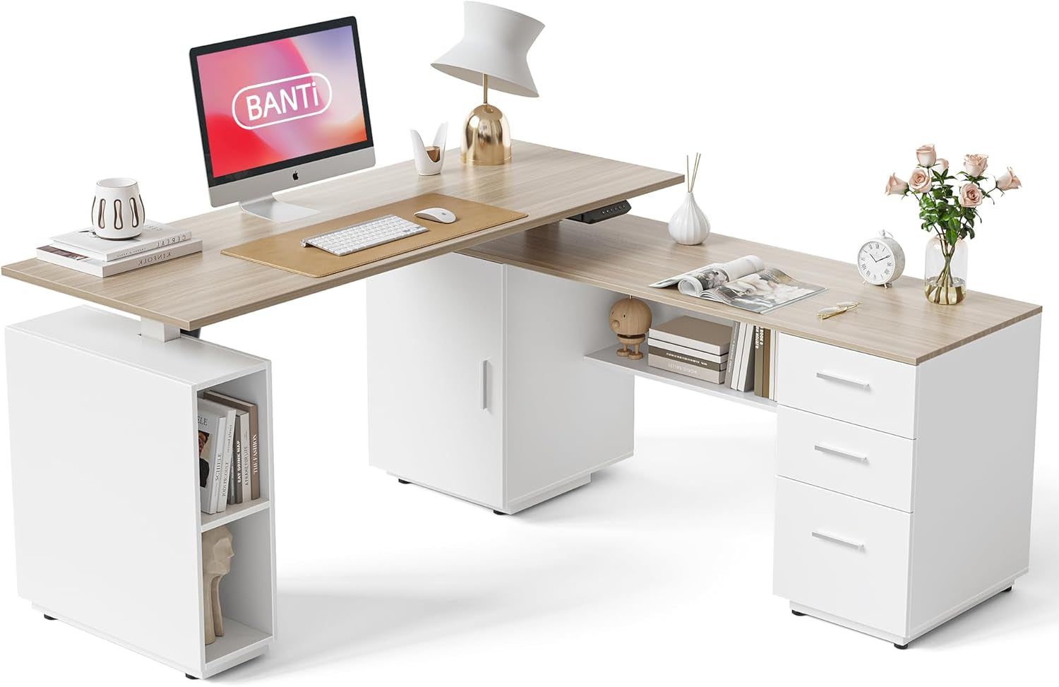 Height Adjustable L Shaped Electric Standing Desk With Storage