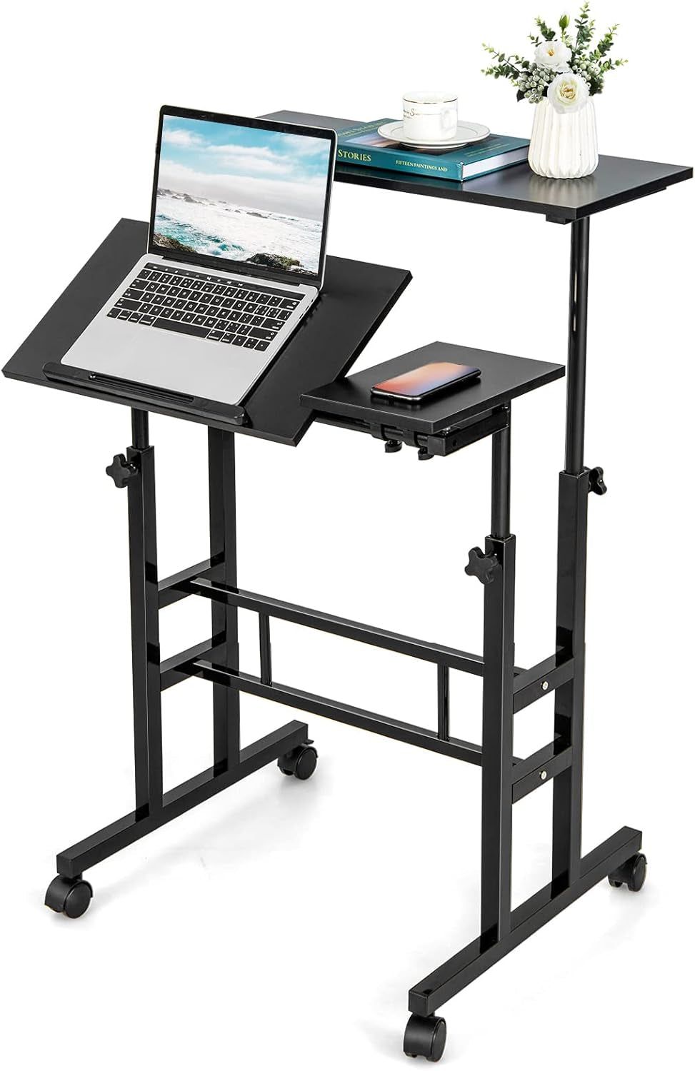 Height Adjustable Mobile Desk with Tilting Top and Wheels
