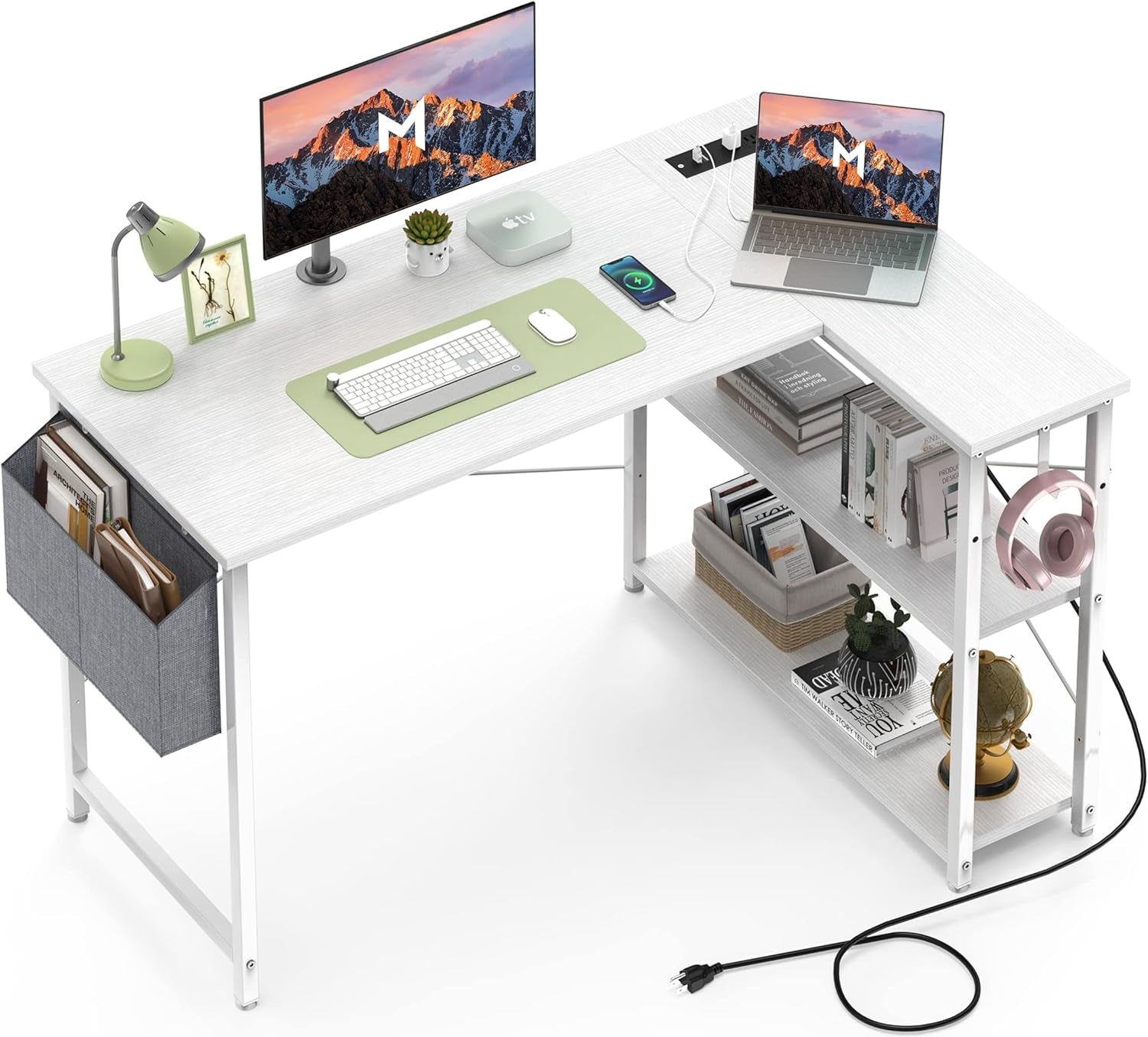 L Shaped Desk with Outlets &amp; USB Ports, Reversible 47 Inch Office Desk, Corner Desk for Small Space, Home Office Desk with Storage Bag &amp; Hook, White