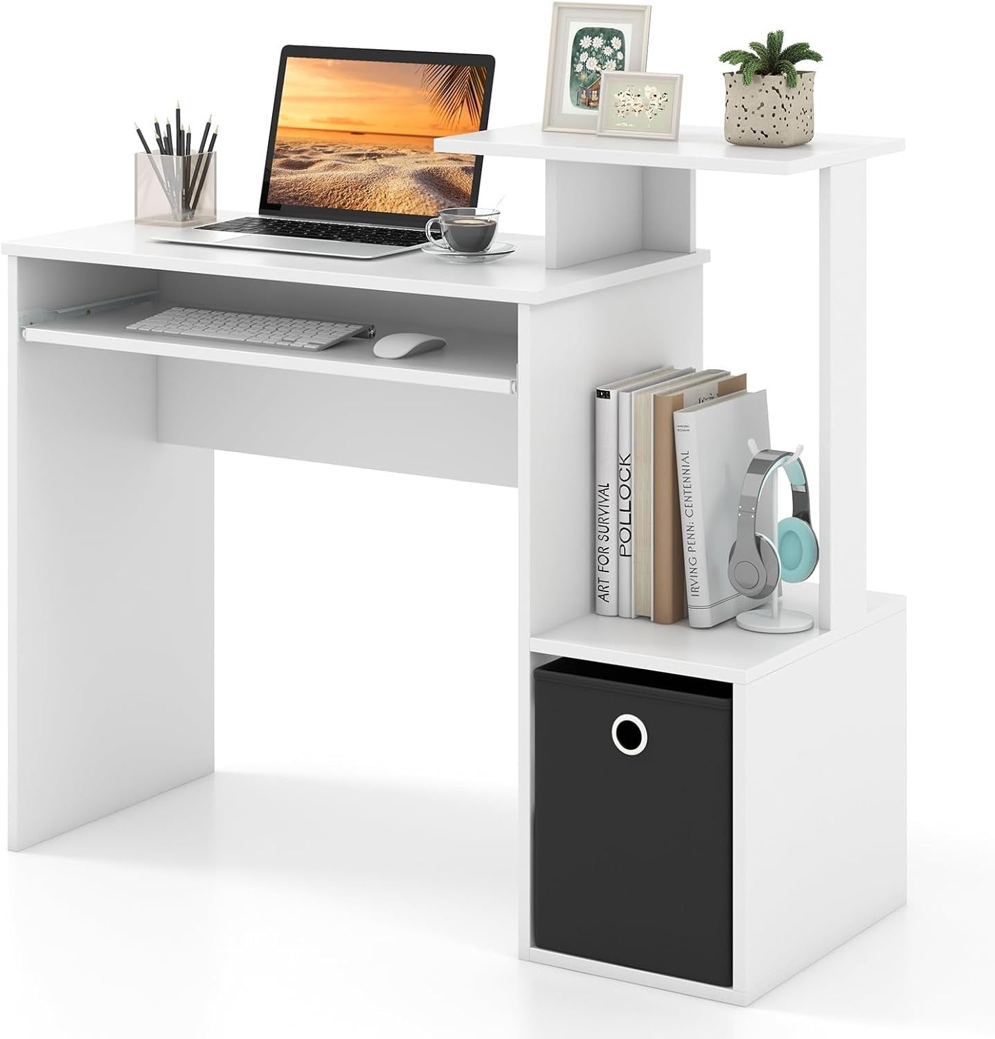 Space-Saving Computer Desk with Drawer and Storage Shelves