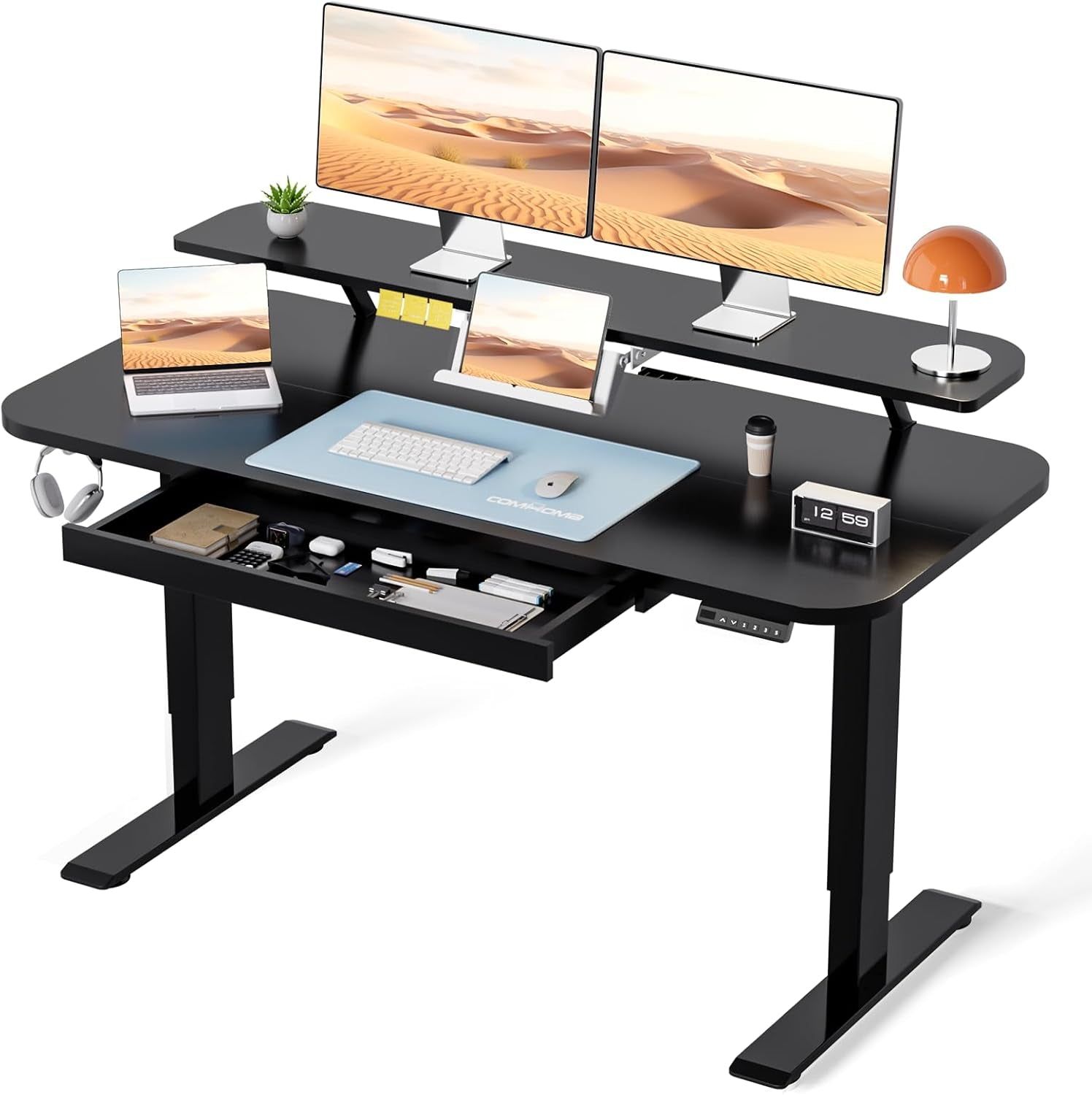 Electric Standing Desk with Drawers, 48 X 24&#39;&#39; Sit Stand up Desk with Monitor Stand, Laptop Stand, Height Adjustable Ergonomic Home Office Computer Desk with Memory Preset Controller (Black)