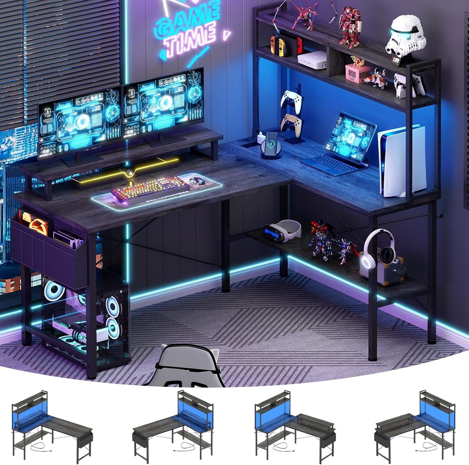 L Shaped Gaming Desk with Power Outlets &amp; LED Lights, Small L- Shaped Desk Computer Corner Desk with Monitor Stand &amp; Storage Shelf, Home Office Desk Writing Desk with Storage Bag, Grey Oak