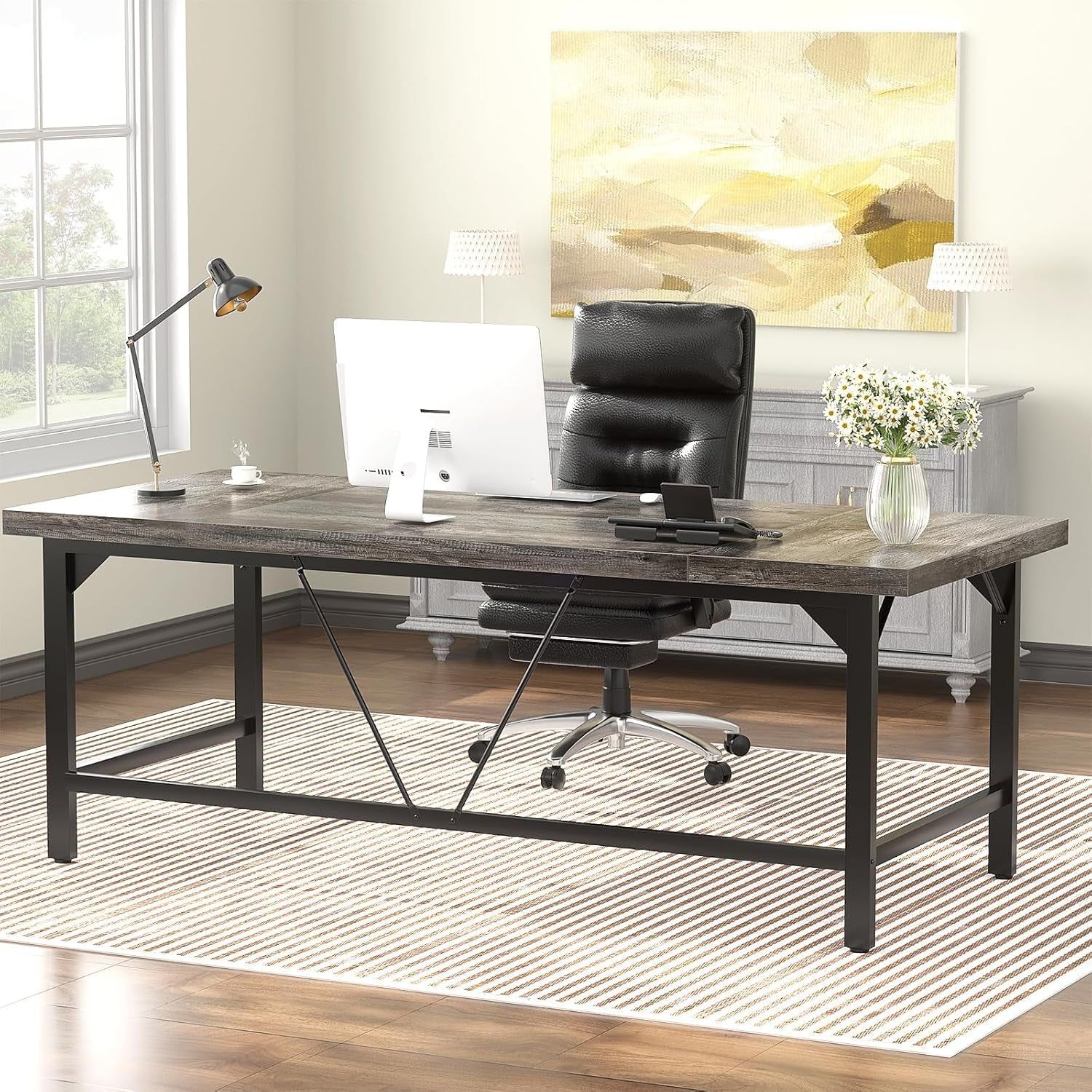 70.8 Inch Executive Desk, Large Computer Office Desk, Heavy Duty Extra Long 2 Person Desk, Premium Thick Study Writing Table Computer Table for Home Office Workstations, Black Oak