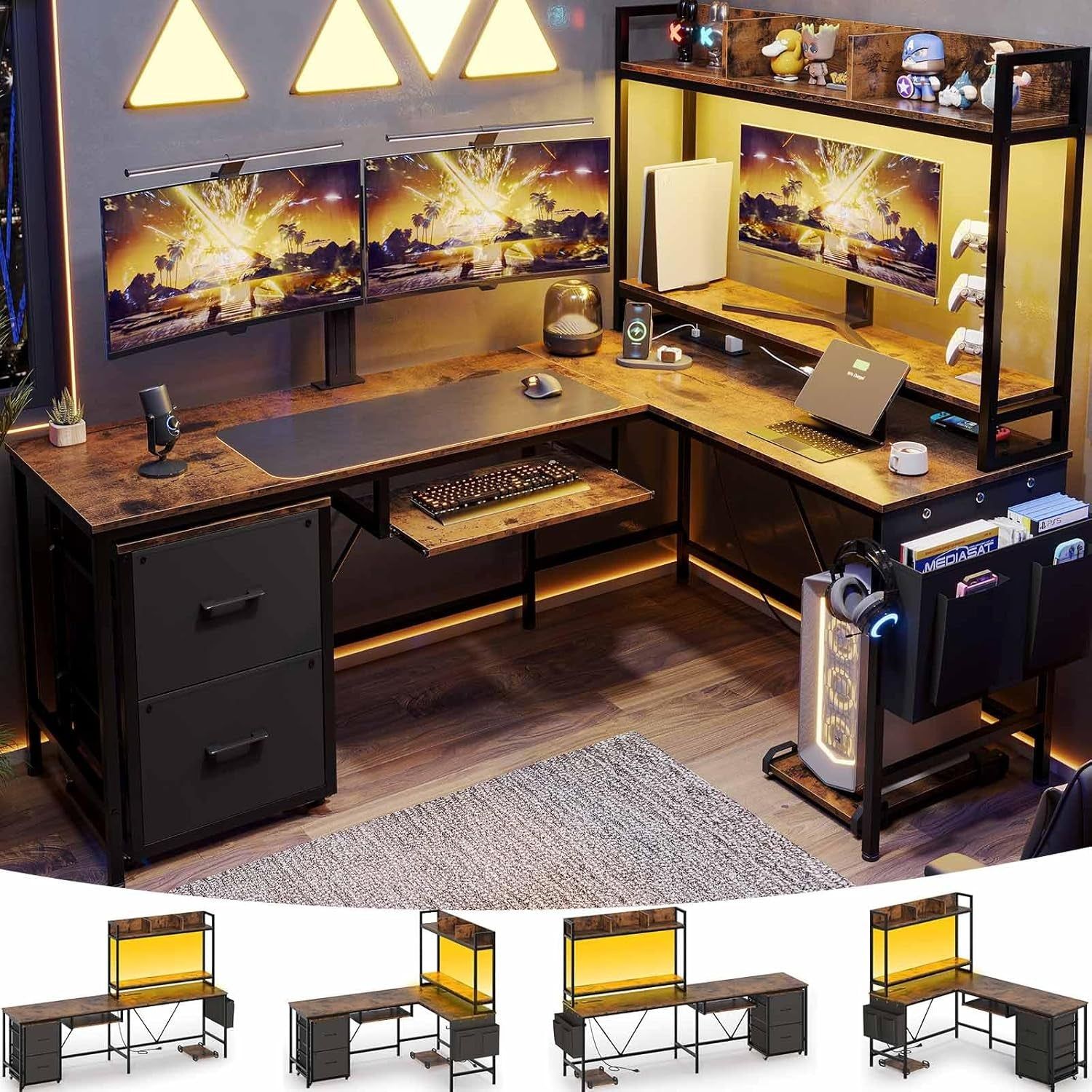 L Shaped Gaming Desk with RGB Lights and Outlets