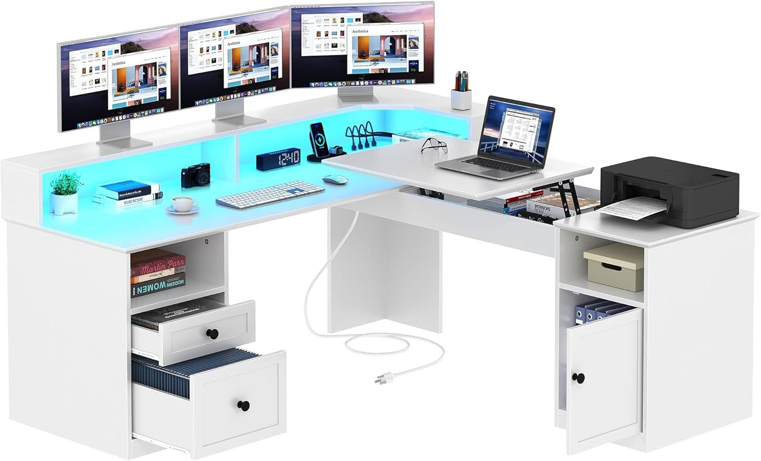 L Shaped Desk with Drawers, 60&quot; Corner Computer Desk with Power Outlets &amp; Lift Top, Home Office Desk with Storage Cabinet &amp; LED Lights, Wood Desk, Height Adjustable Desk, White