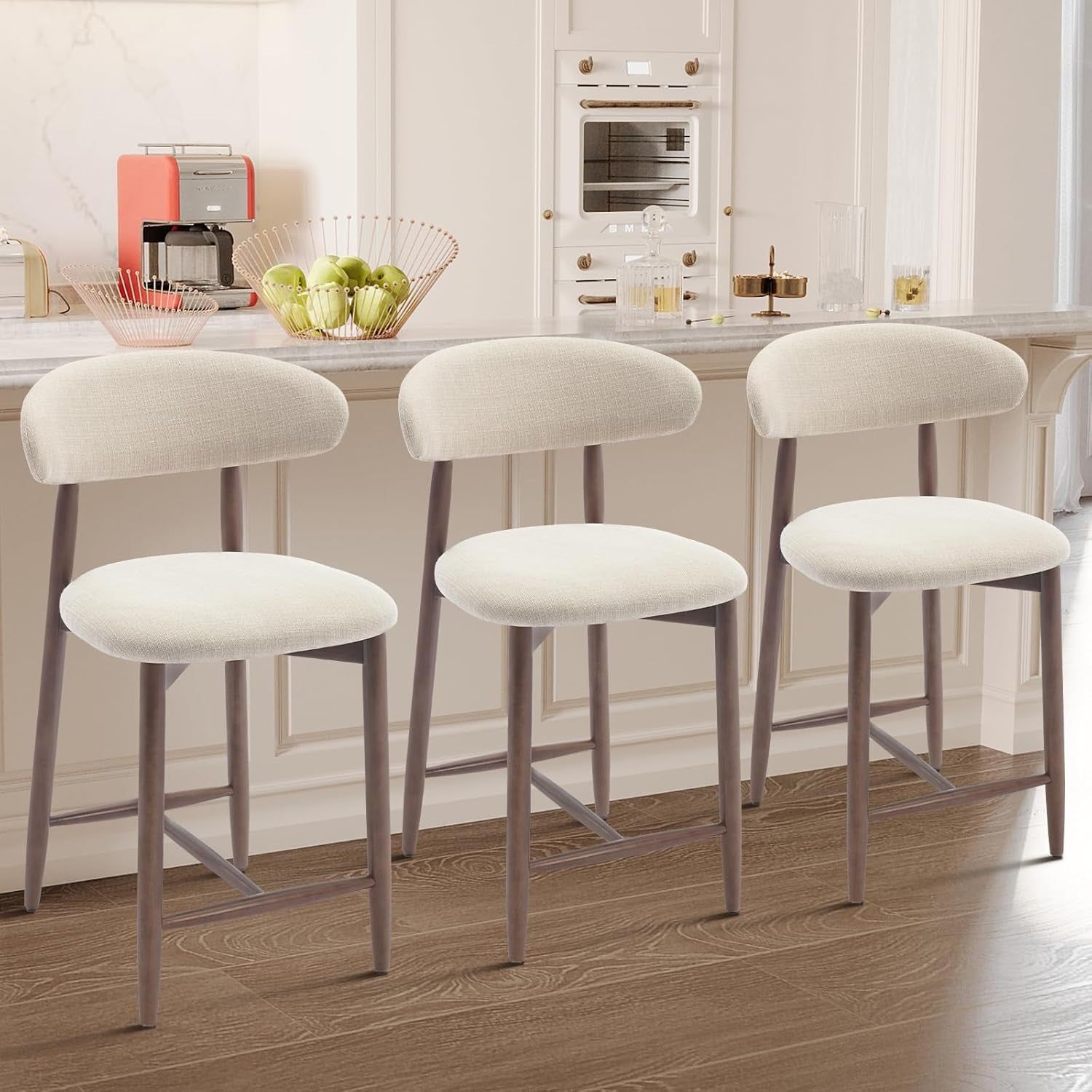 Counter Height Bar Stools Set of 3, Kitchen Bar Stools with Back, Mid Century Modern Upholstered, with Wood Legs for Kitchen Island Dining Room Bar, Beige