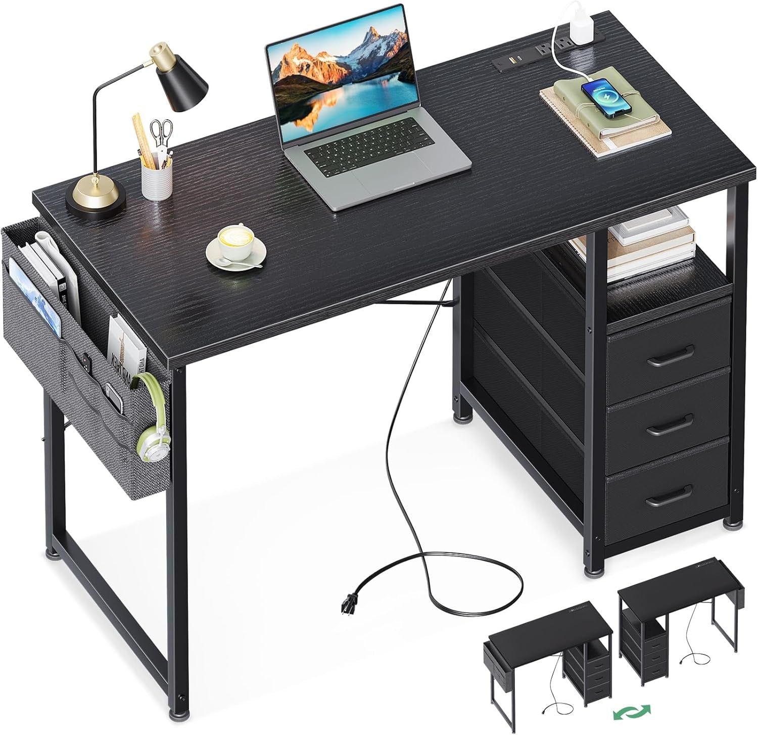 40-Inch Small Computer Desk with Fabric Drawers and Charging Station, Kids Girls Teen Study Writing Desk for Bedroom, Home Office Desk with Storage Shelf &amp; Bag for Small Space, Black