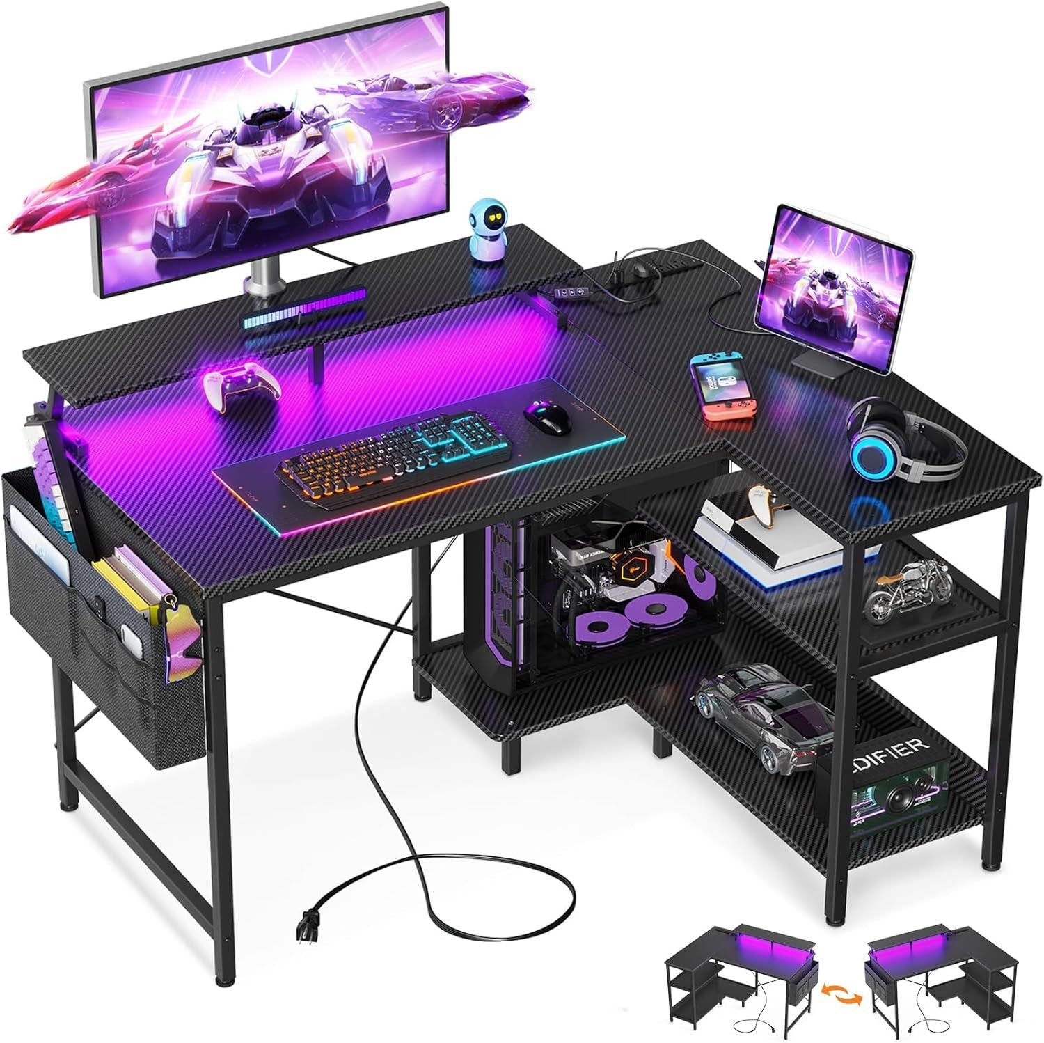 40 Inch Gaming Desk with USB Power Outlets and LED Lights, Reversible L Shaped Computer Desk with Storage Shelves &amp; Monitor Stand, Corner Home Office Desk Table, Carbon Fiber Surface, Black