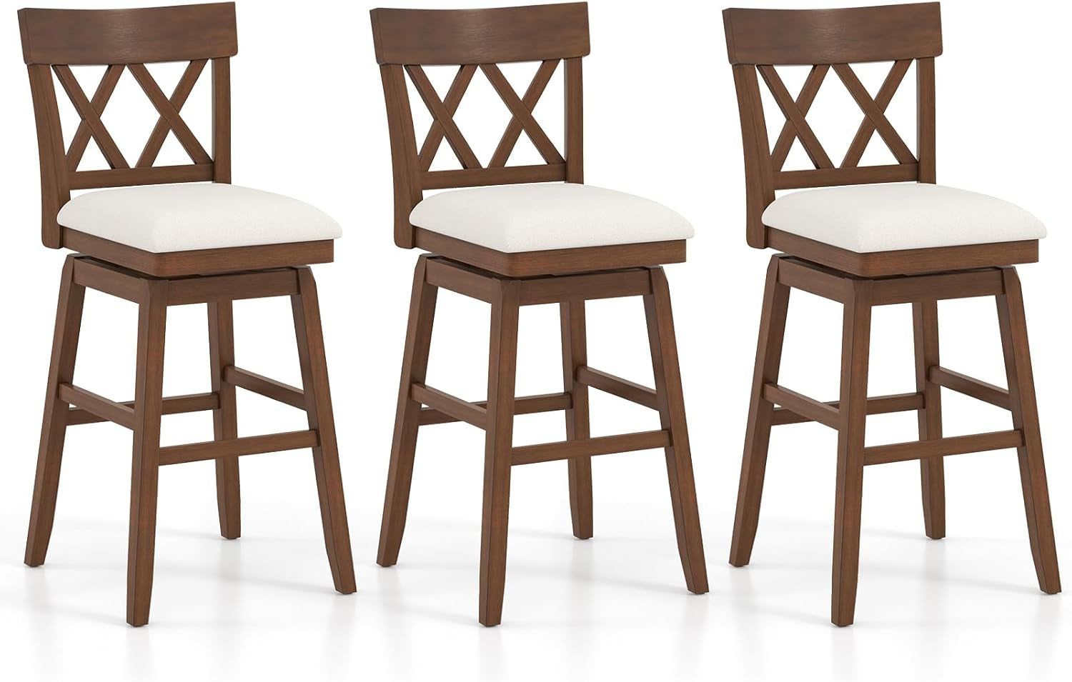 31&quot; Bar Stools Set of 3, Swivel Bar Height Bar Chairs with Contoured Backrest, Padded Seat &amp; Rubber Wood Legs, Farmhouse Wooden Barstools for Kitchen Island, Restaurant &amp; Pub
