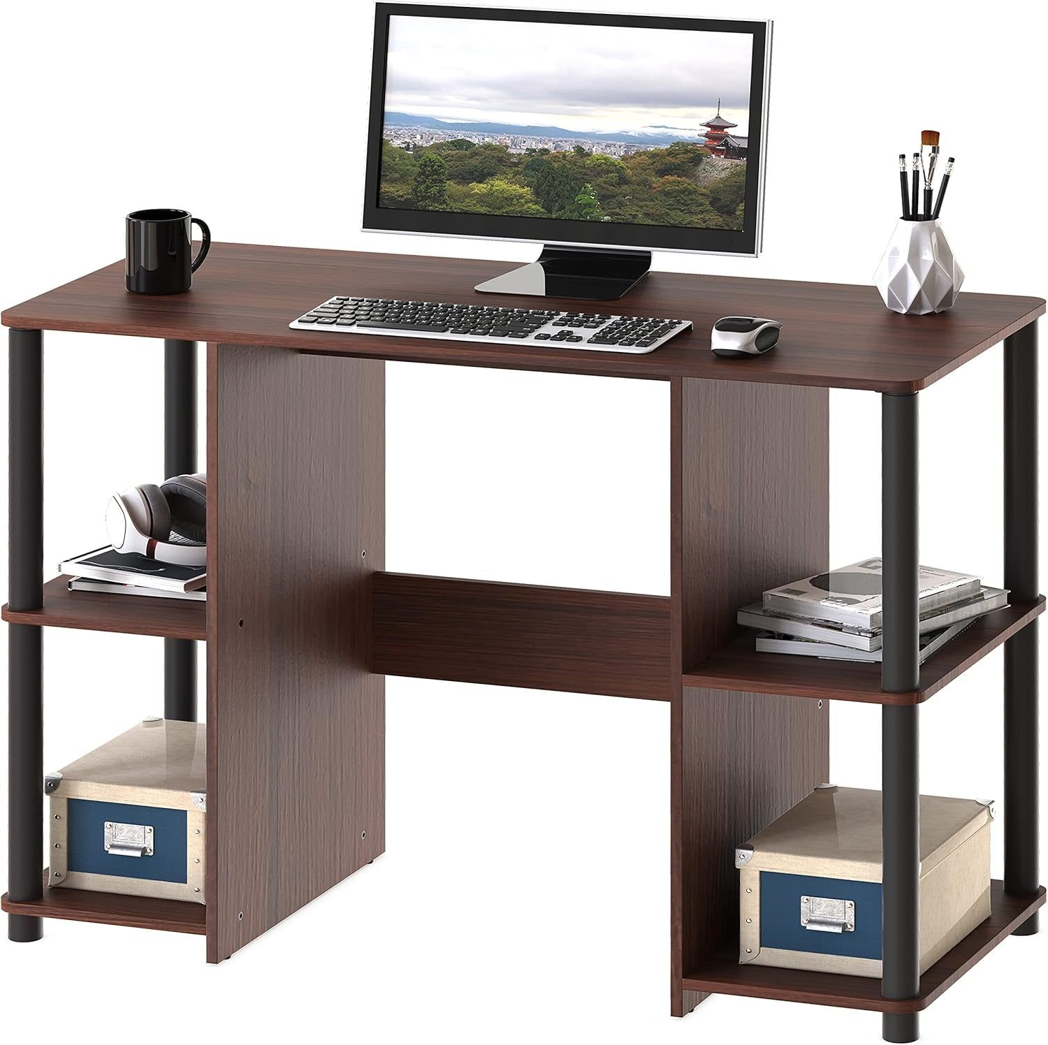 38-Inch Home Office Wood Desk with Double Sided Shelves, Cherry