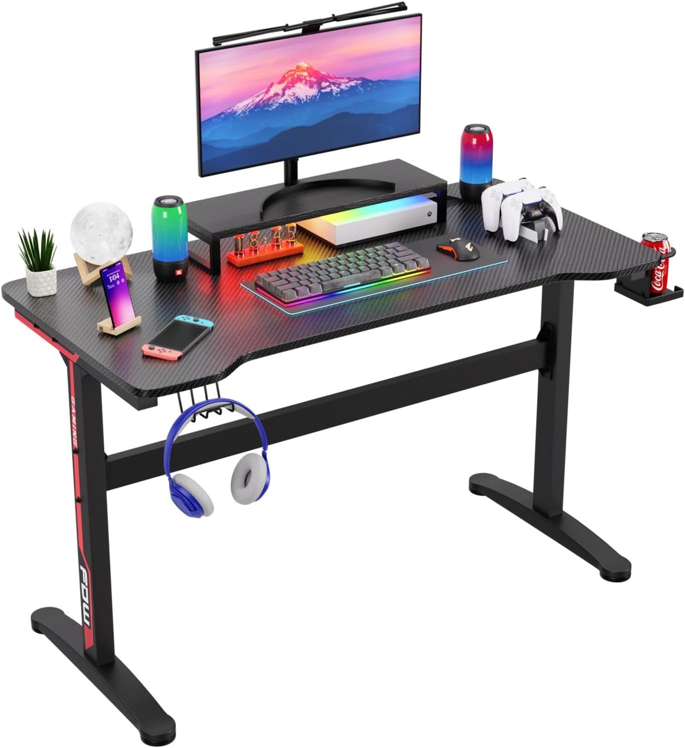 47 Inch Gaming Desk T-Shaped Computer Desk Racing Style Gamer Table with Cup Holder &amp; Headphone Hook Office Desk Modern Workstation for Home Office &amp; PC Gaming Setup