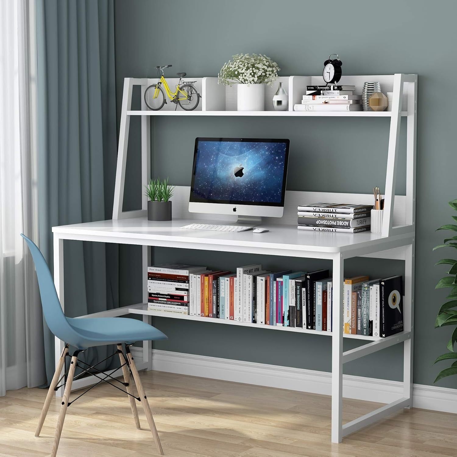 Computer Desk with Hutch, 47 Inches Home Office Desk with Space Saving Design with Bookshelf for Small Spaces