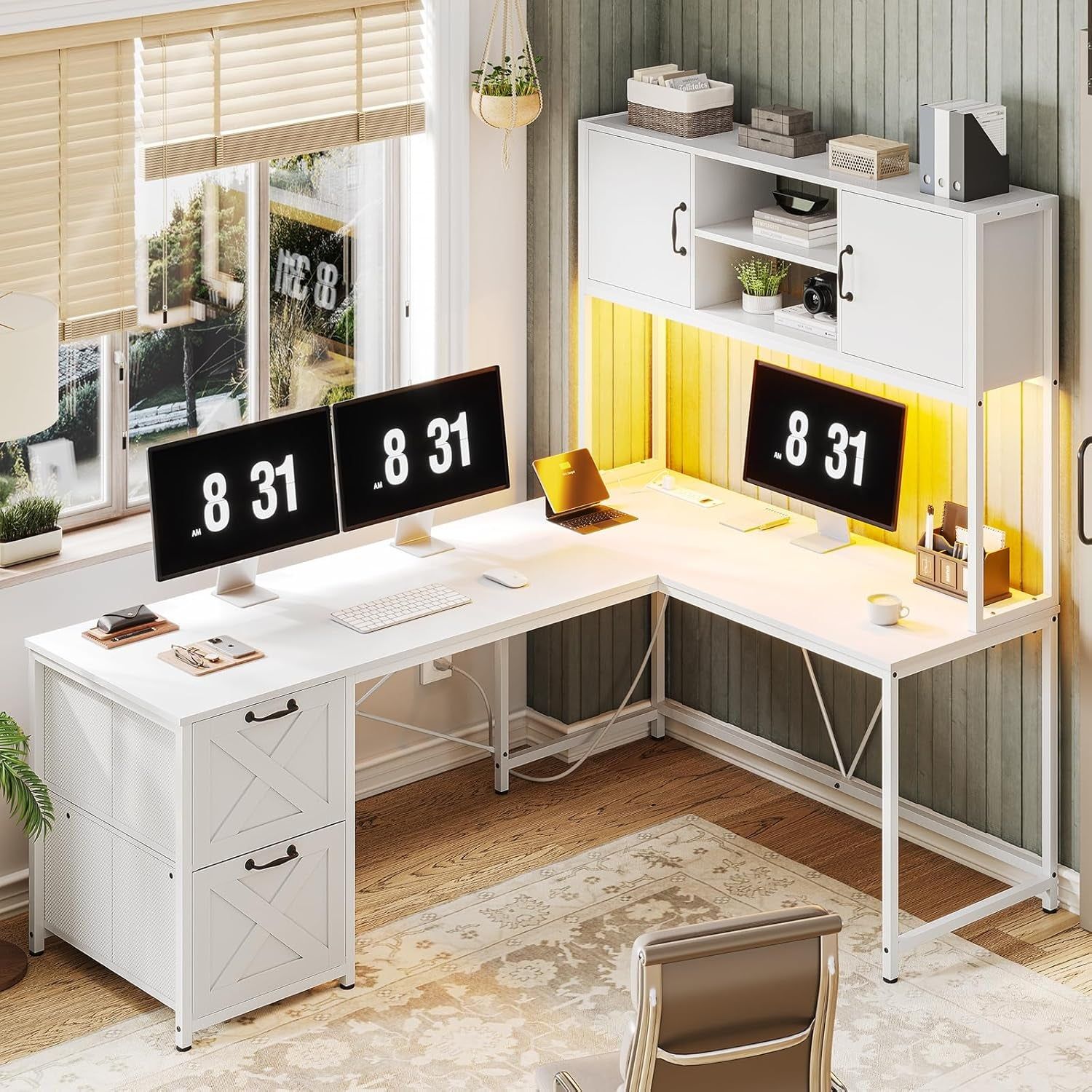 White L Shaped Office Desk, Farmhouse Home Office Desk with Fabric File Drawers and Power Outlet, Corner Gaming Desk with LED Lights, Hutch and Storage Shelves