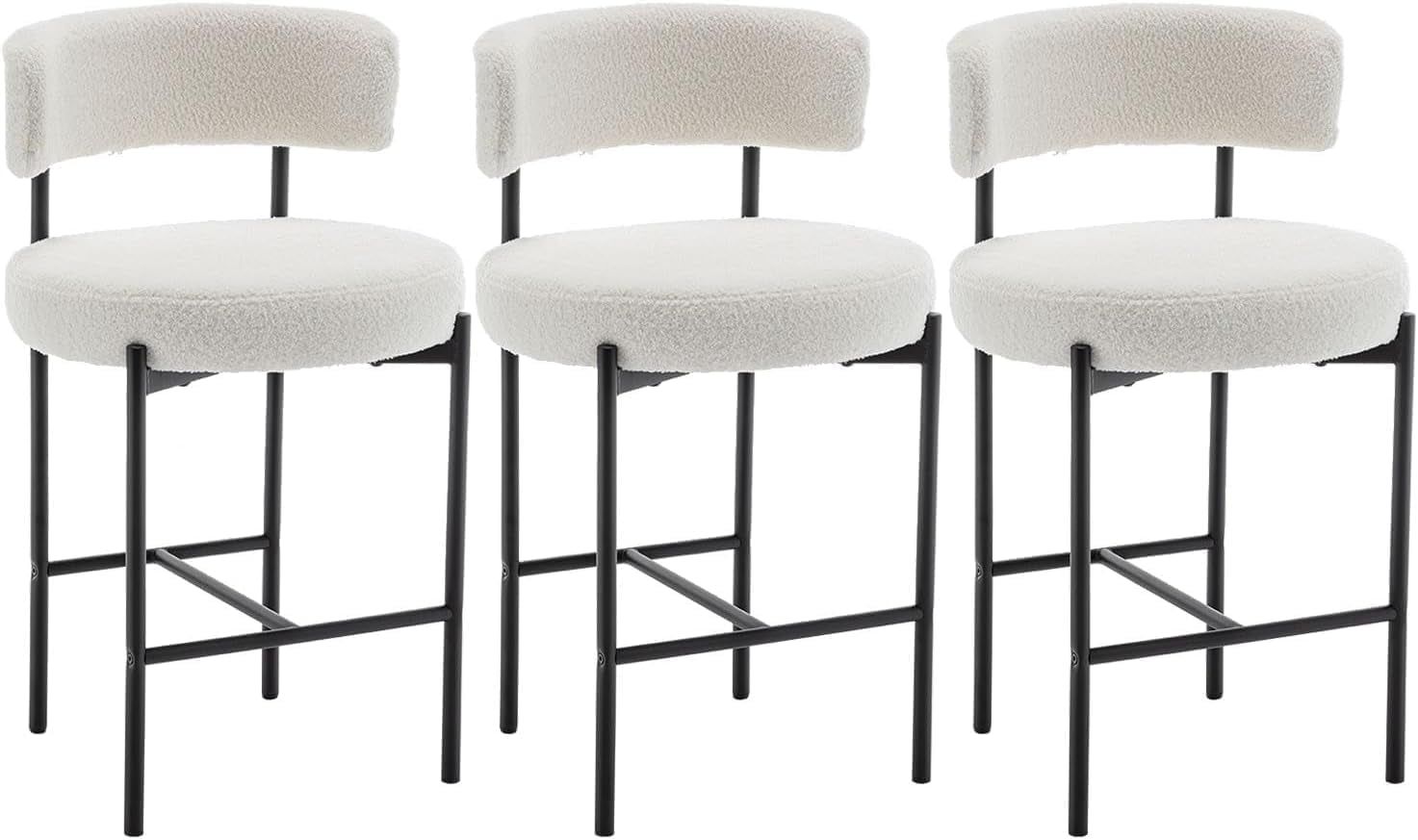 Boucle Bar Stools Set of 3, 24&quot; Modern Counter Stools with Backs, White Upholstered Barstools for Kitchen Island, Bar, Cafe