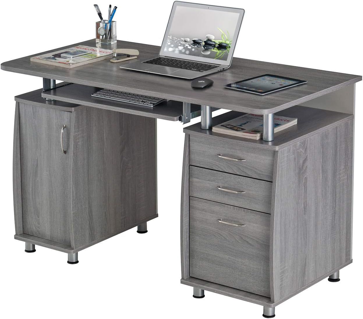 47.5&#39;&#39; Computer Desk with File Cabinet and Drawers, Storage Cabinet with Removable Shelf and Ventilation for CPU, Home Office Desk or Computer Workstation with Keyboard Tray, Grey