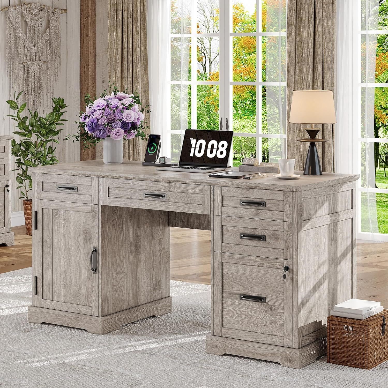 55&#39;&#39; Farmhouse Desk Home Office with Drawers, Executive Computer Desk Wooden with File Cabinet and Charging Station, White Wash Gray