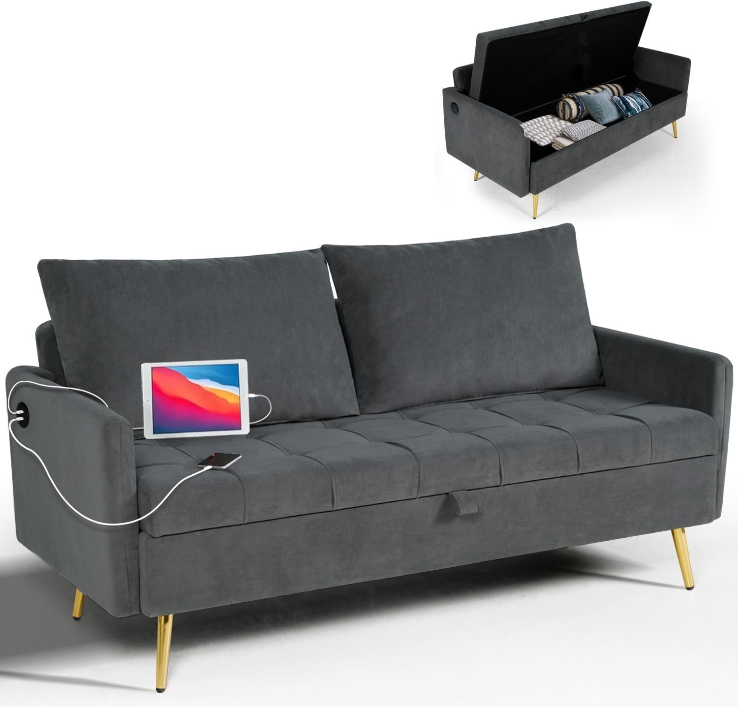 Velvet Loveseat Sofa with Storage and USB Ports