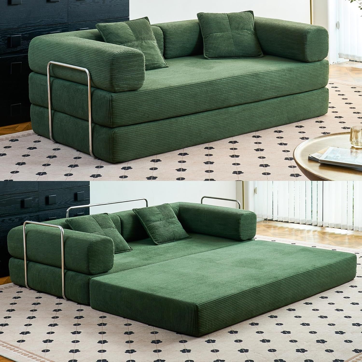 Convertible Floor Sofa Bed Comfy Corduroy Design Green