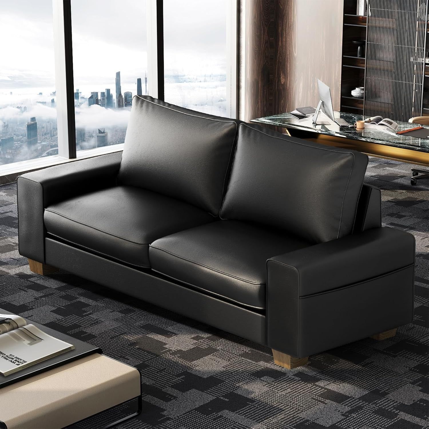 Elegant Faux Leather Mid Century Loveseat Sofa with Pockets