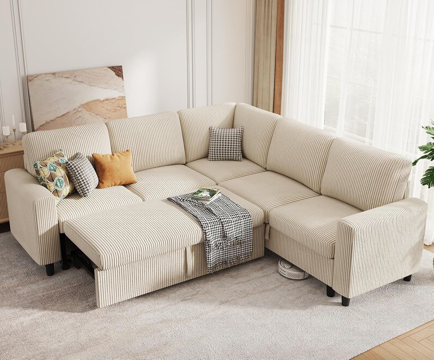 Beige Sleeper Sofa Bed L Shaped Modular Couch
