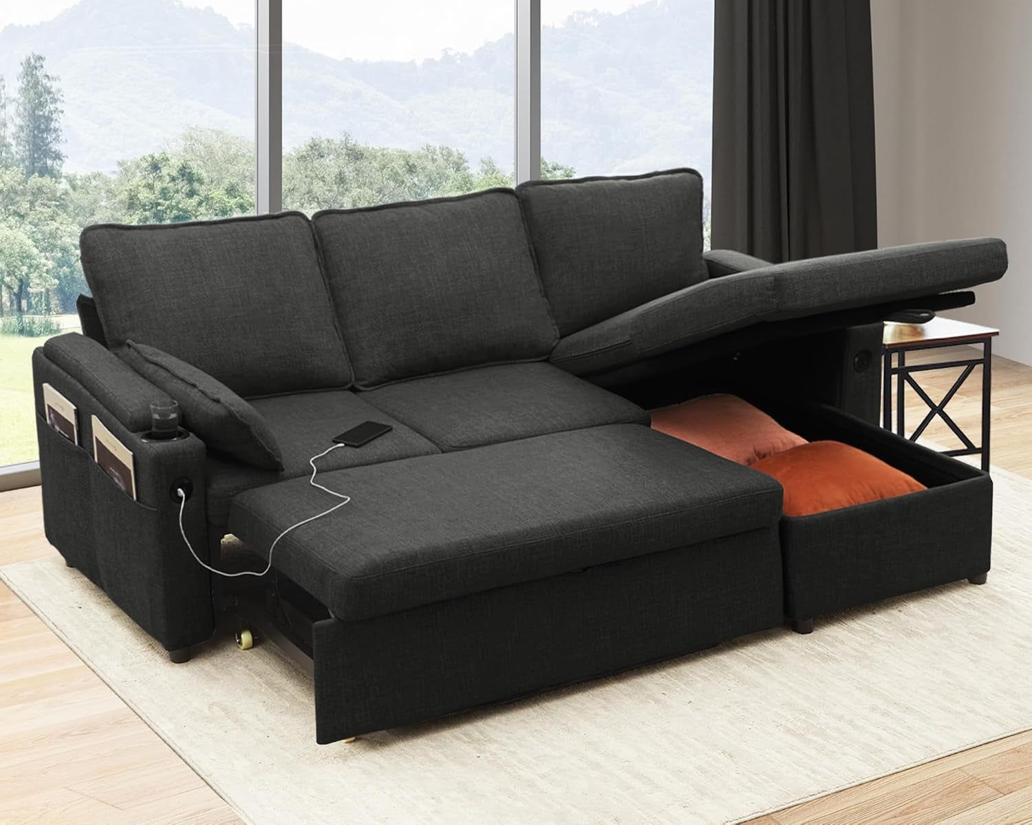 Convertible Sofa Bed with Storage and Cup Holder