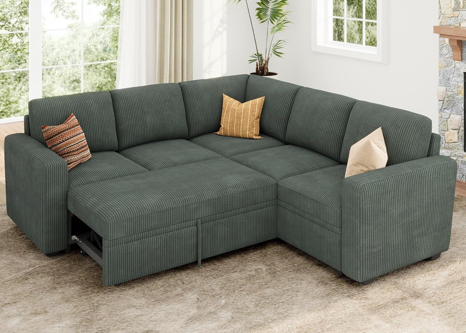 Green Corduroy Sectional Sleeper Sofa With Storage
