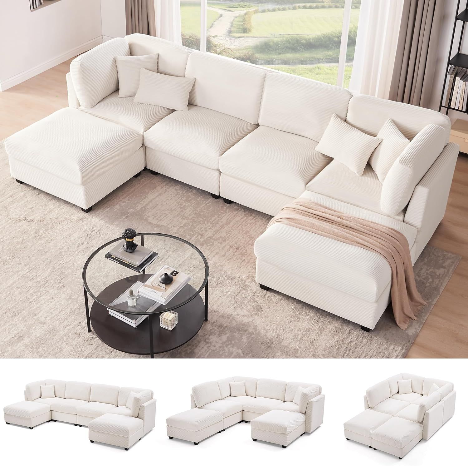 Oversized U Shaped Corduroy Sectional Sofa with Storage